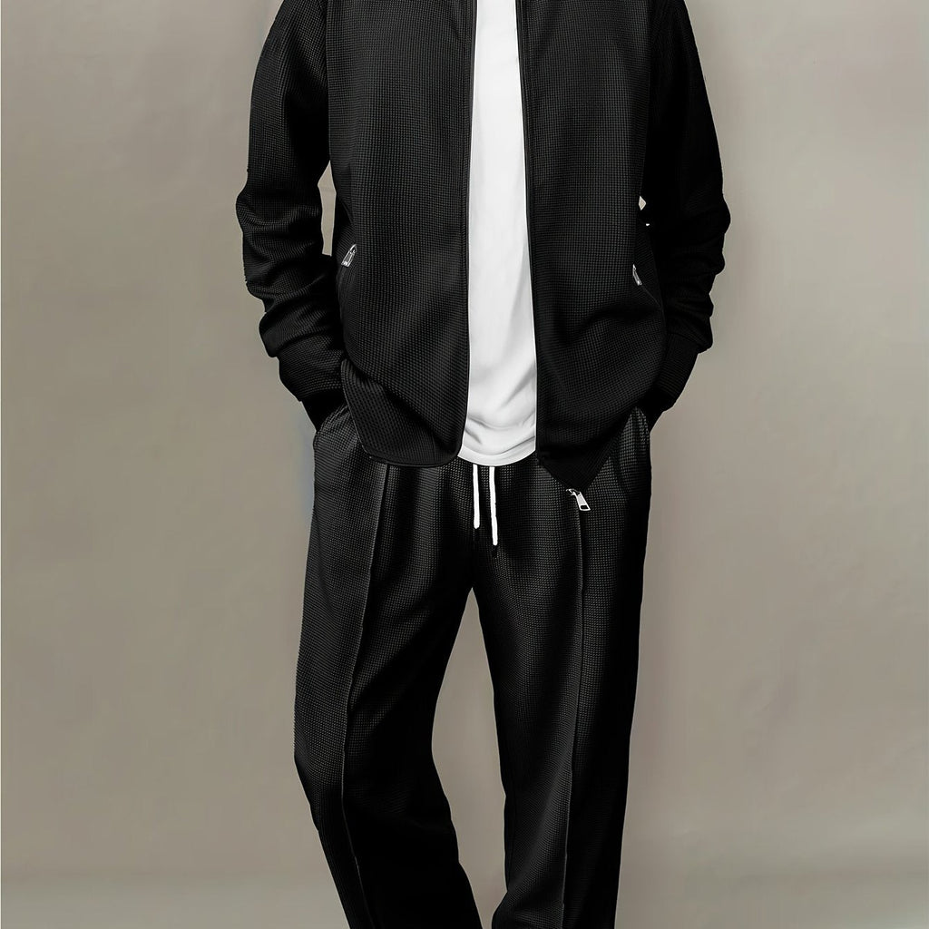 Men's Casual Waffle Knit Set - Zipper Cardigan & Drawstring Trousers   OAXG White / FR S