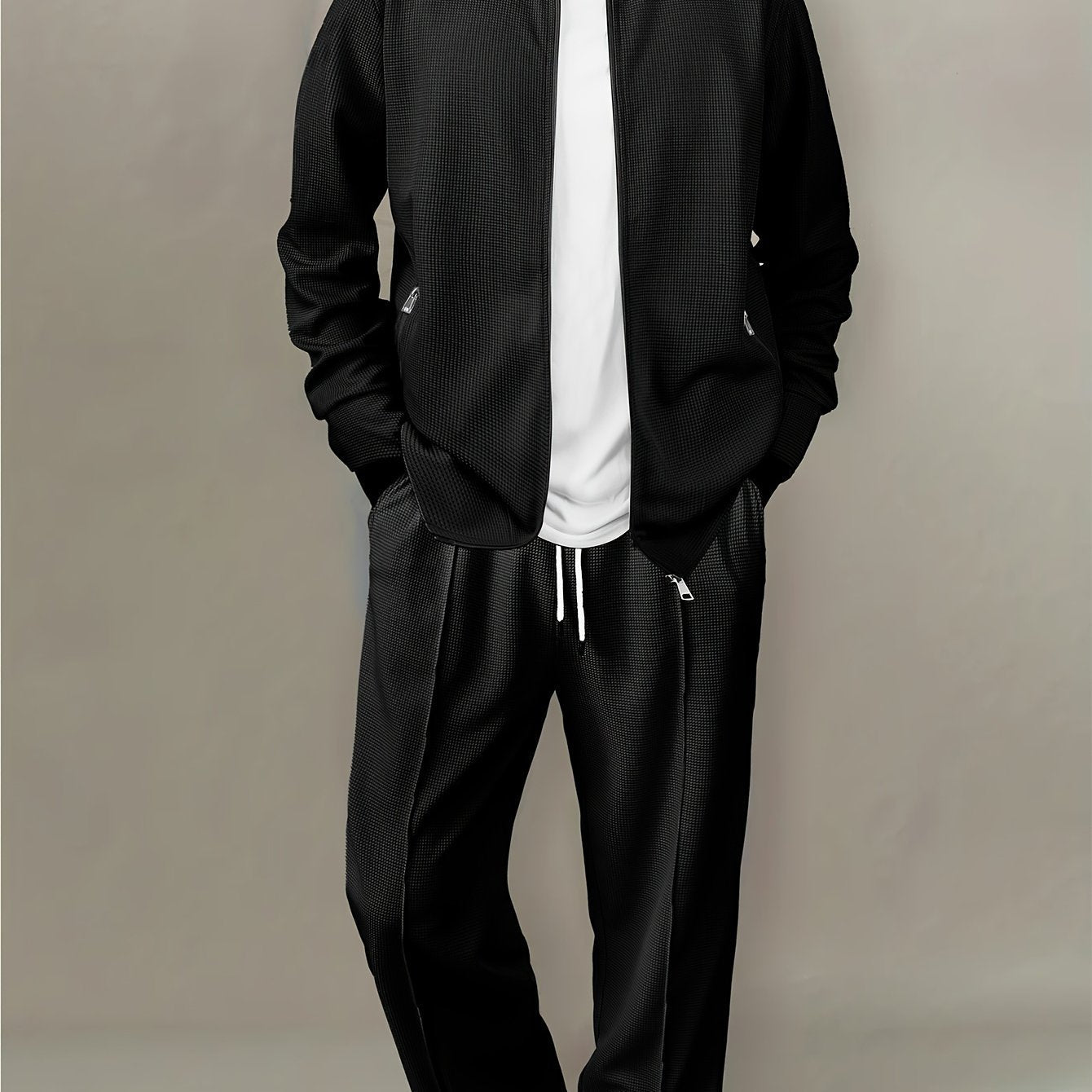 Men's Casual Waffle Knit Set - Zipper Cardigan & Drawstring Trousers   OAXG White / FR S