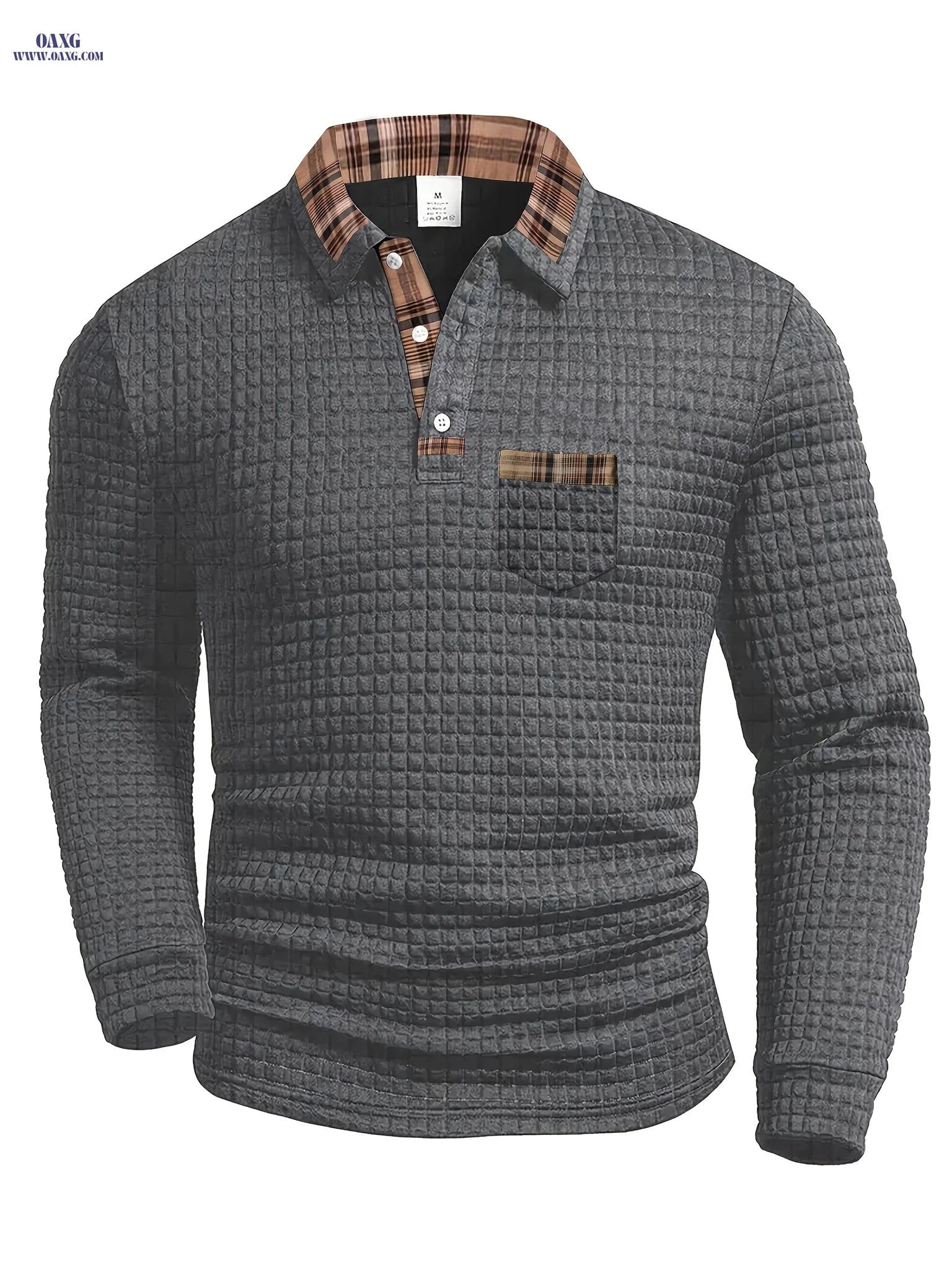 Men's Casual Warm Polo Shirt - Vintage Patchwork Long Sleeve   OAXG 