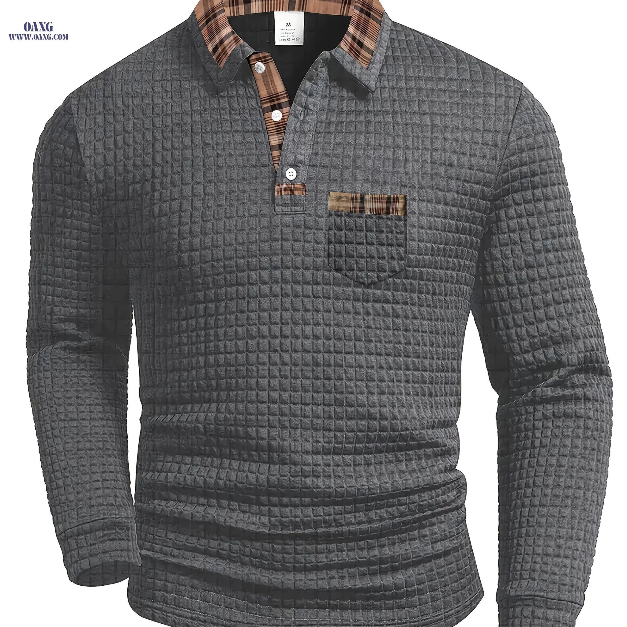 Men's Casual Warm Polo Shirt - Vintage Patchwork Long Sleeve   OAXG Dark Gray / FR S