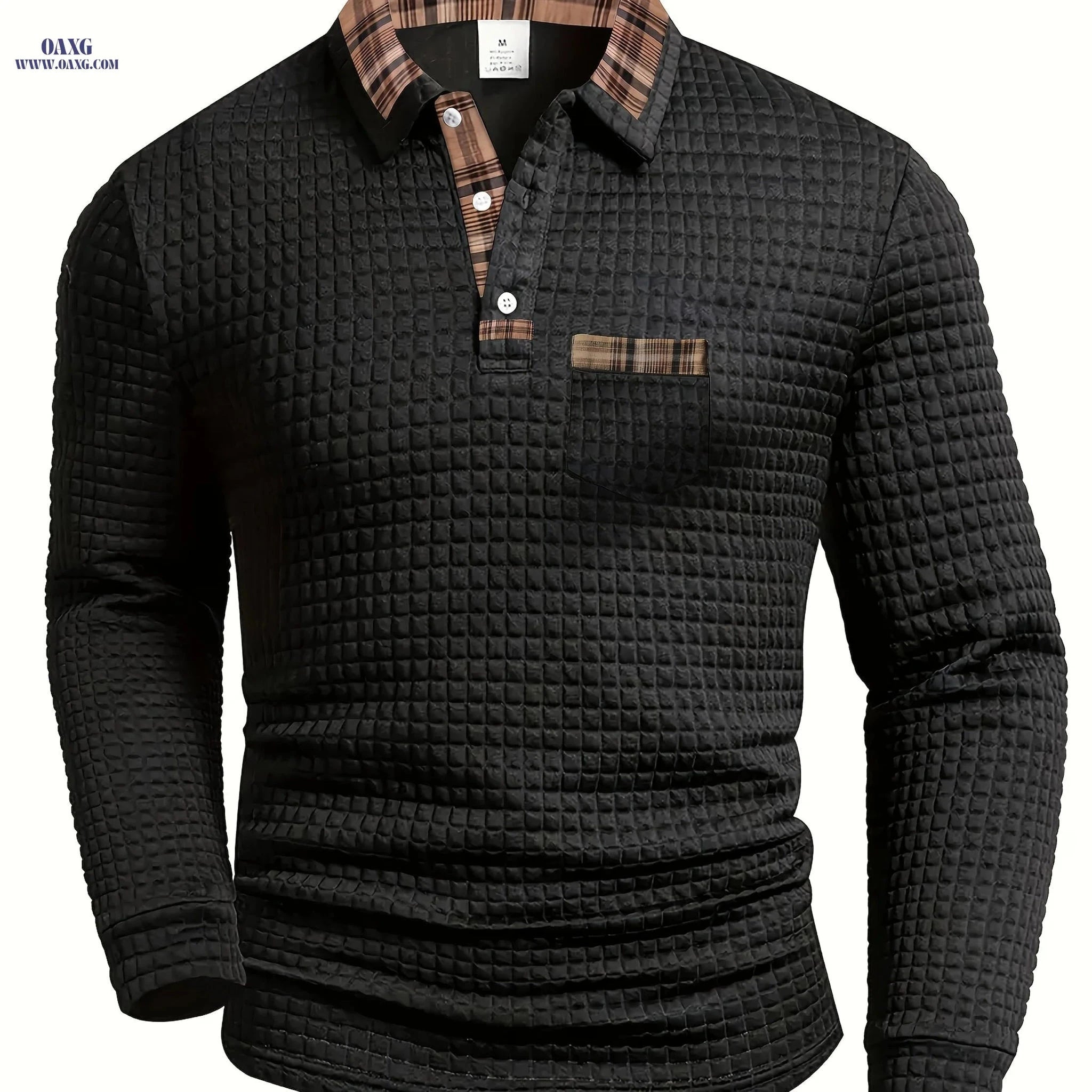 Men's Casual Warm Polo Shirt - Vintage Patchwork Long Sleeve   OAXG Dark Gray / FR S