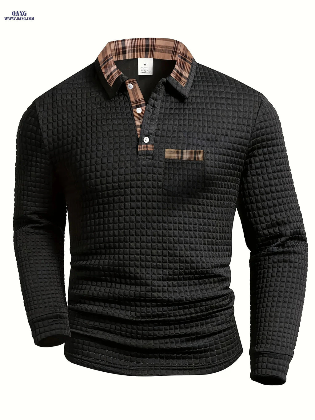 Men's Casual Warm Polo Shirt - Vintage Patchwork Long Sleeve   OAXG Dark Gray / FR S