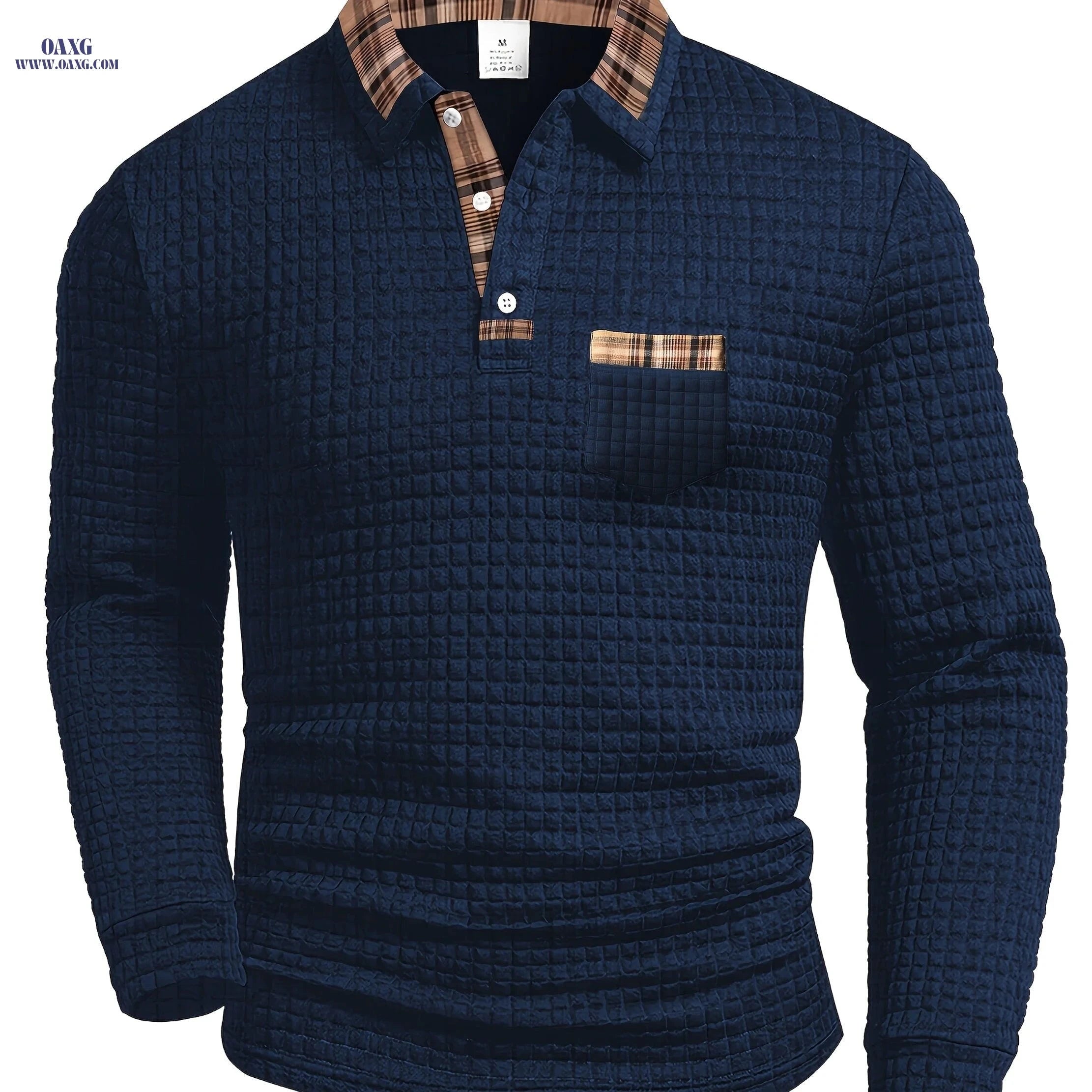 Men's Casual Warm Polo Shirt - Vintage Patchwork Long Sleeve   OAXG 