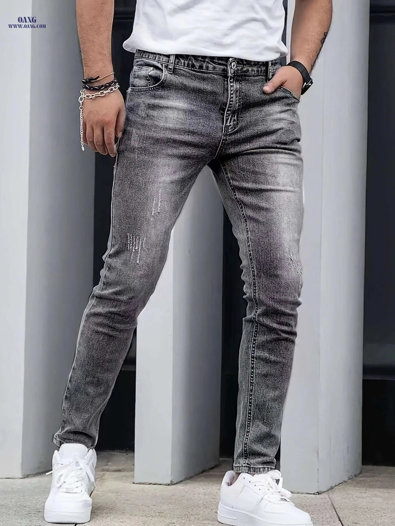 Men’s Casual Washed Denim Jeans - Geometric Distress, All-Season Comfort   OAXG 