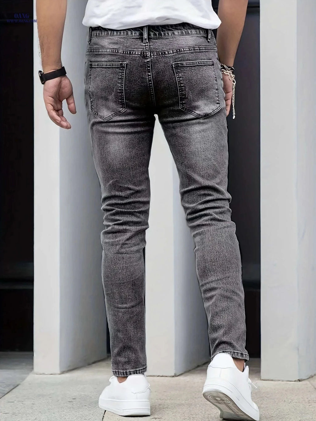 Men’s Casual Washed Denim Jeans - Geometric Distress, All-Season Comfort   OAXG Light Grey / FR XS