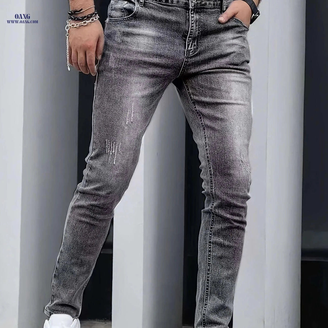 Men’s Casual Washed Denim Jeans - Geometric Distress, All-Season Comfort   OAXG Light Grey / FR XS