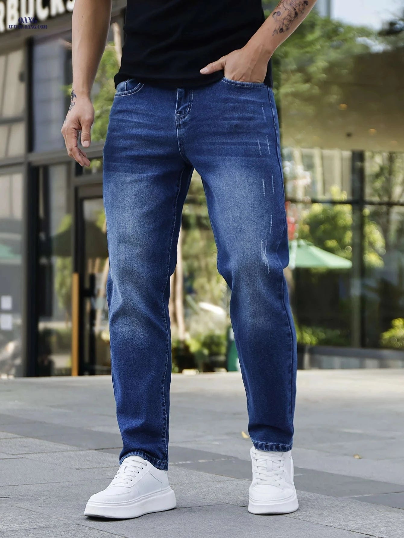 Men's Casual Washed Denim Jeans - Straight-Leg Daily Wear Pants   OAXG 
