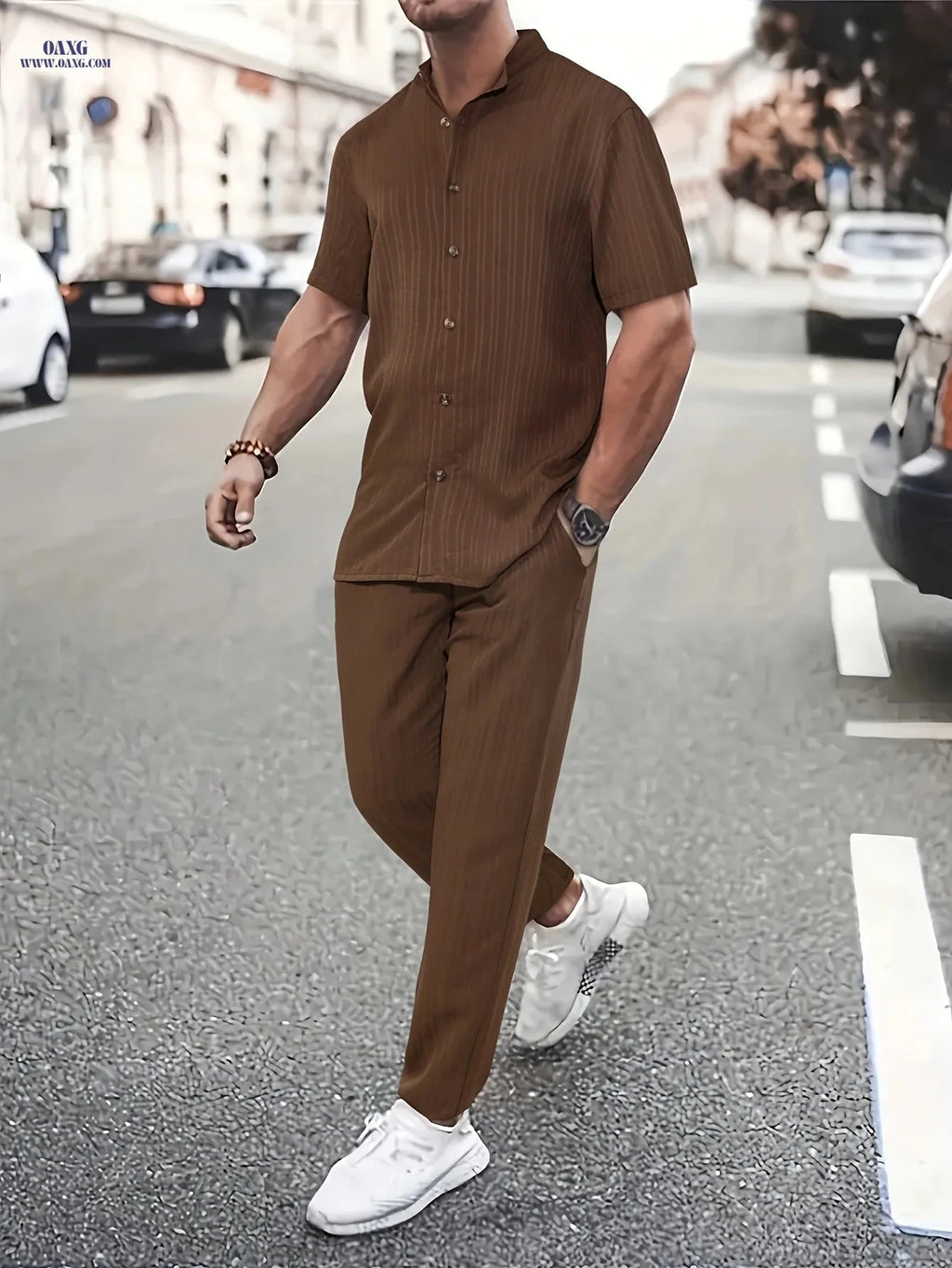 Men's Casual Wave Stripe Short Sleeve Set - All-Season Comfort   OAXG 