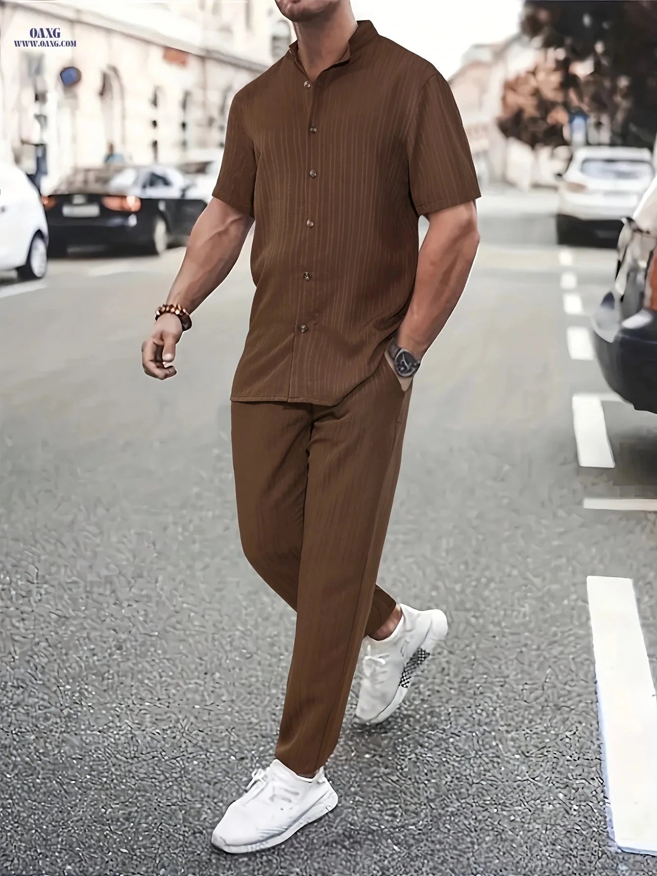 Men's Casual Wave Stripe Short Sleeve Set - All-Season Comfort   OAXG 