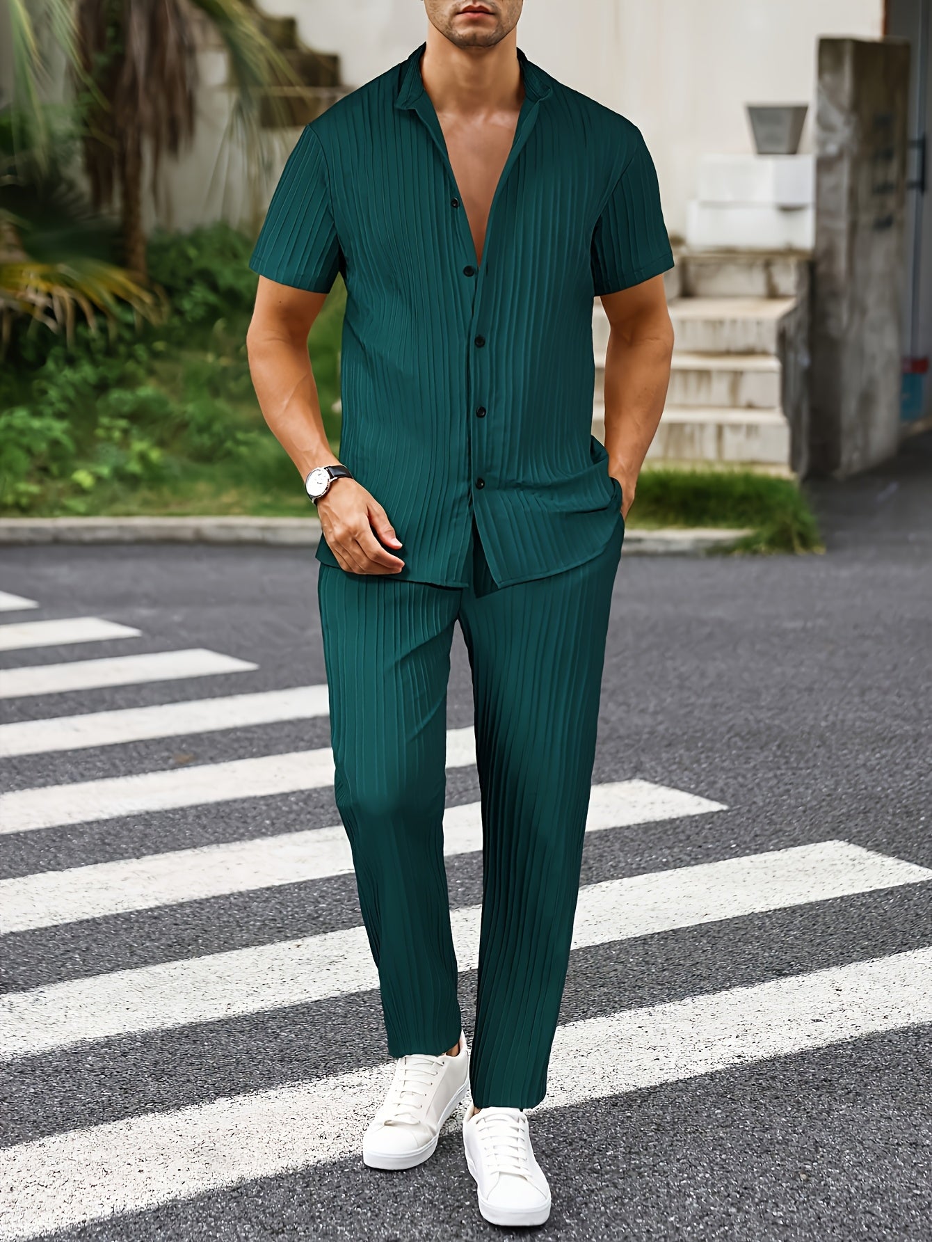 Men's Casual Wave Stripe Short Sleeve Set - All-Season Comfort   OAXG Khaki / FR S