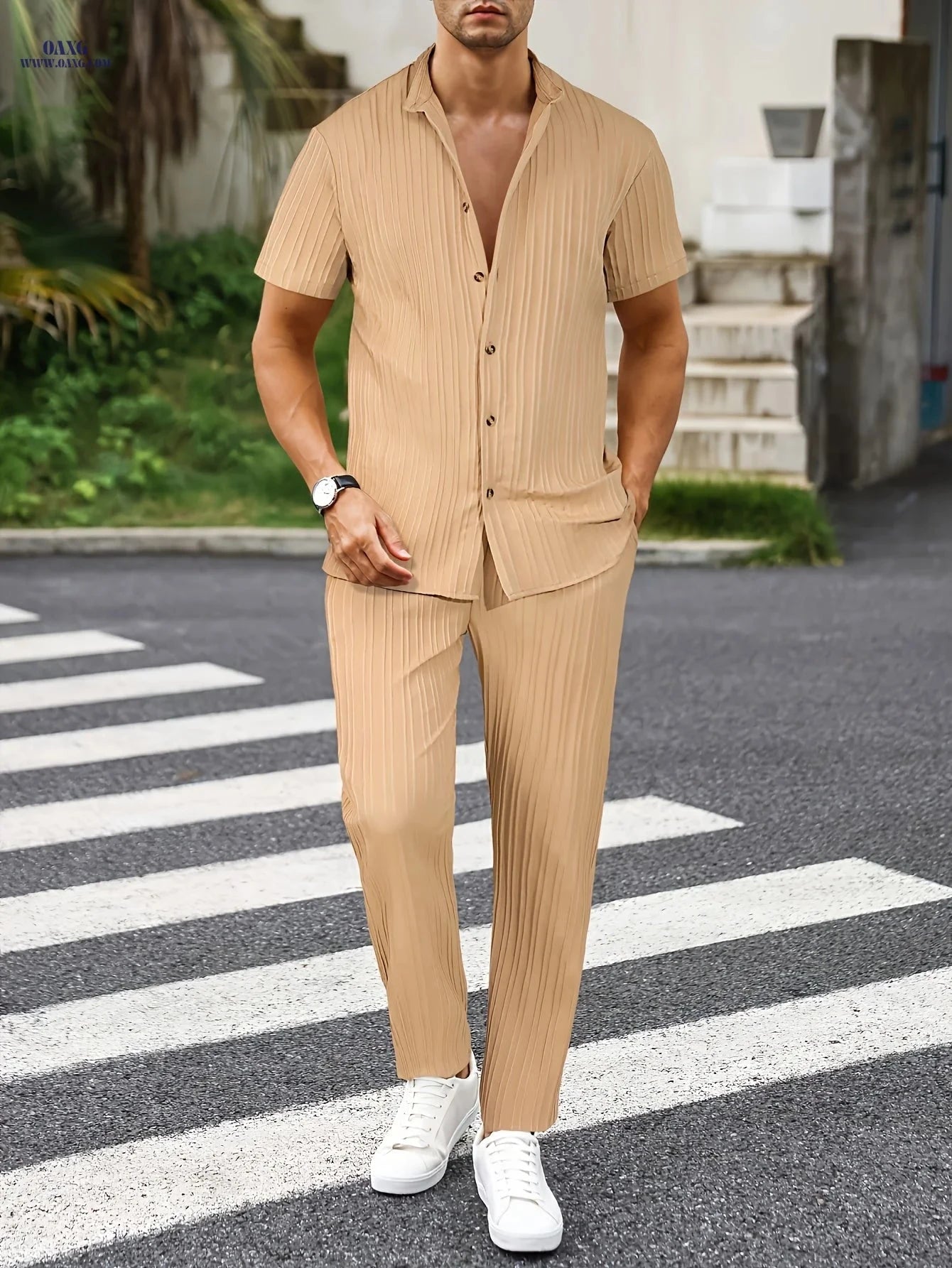 Men's Casual Wave Stripe Short Sleeve Set - All-Season Comfort   OAXG Khaki / FR S