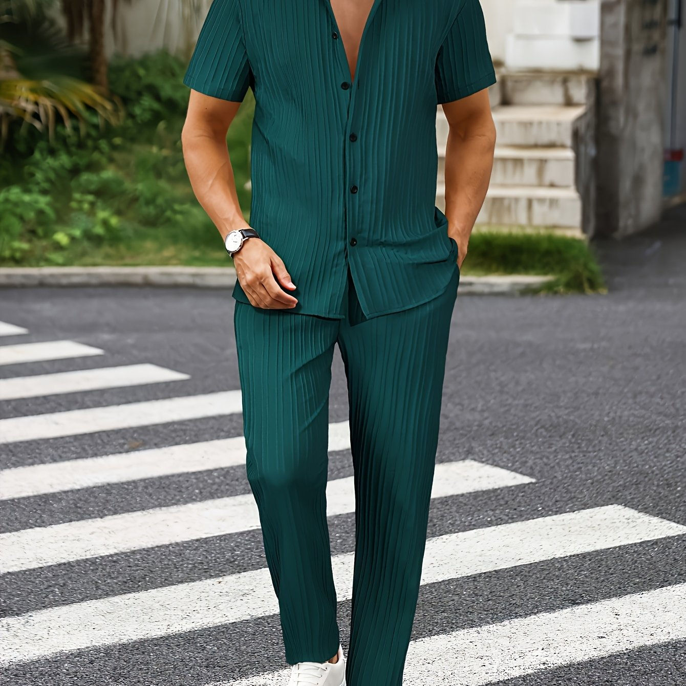 Men's Casual Wave Stripe Short Sleeve Set - All-Season Comfort   OAXG Khaki / FR S