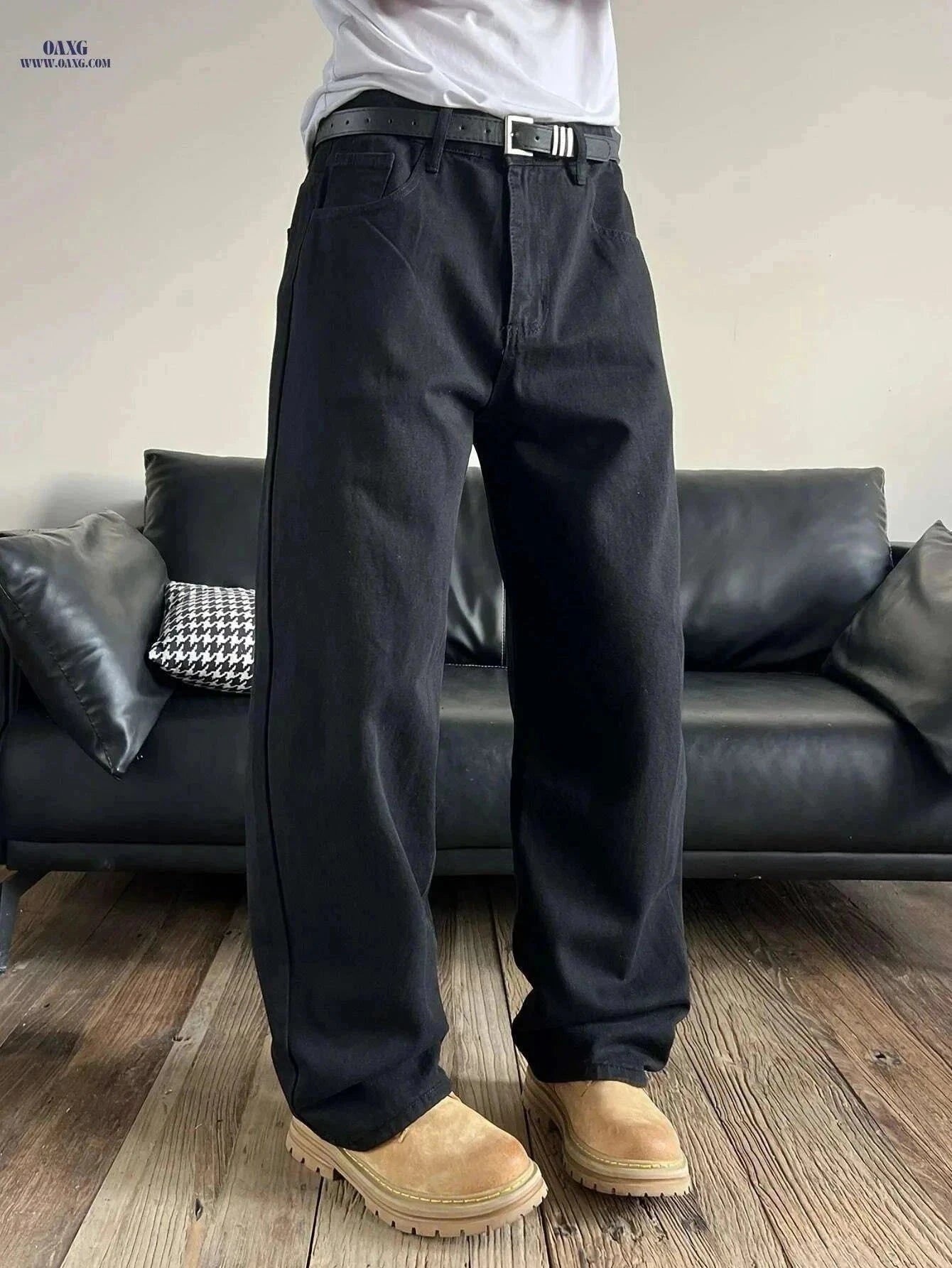 Men's Casual Wide-Leg Faux Denim Pants - Non-Stretch, All-Season Comfort   OAXG Black / XS