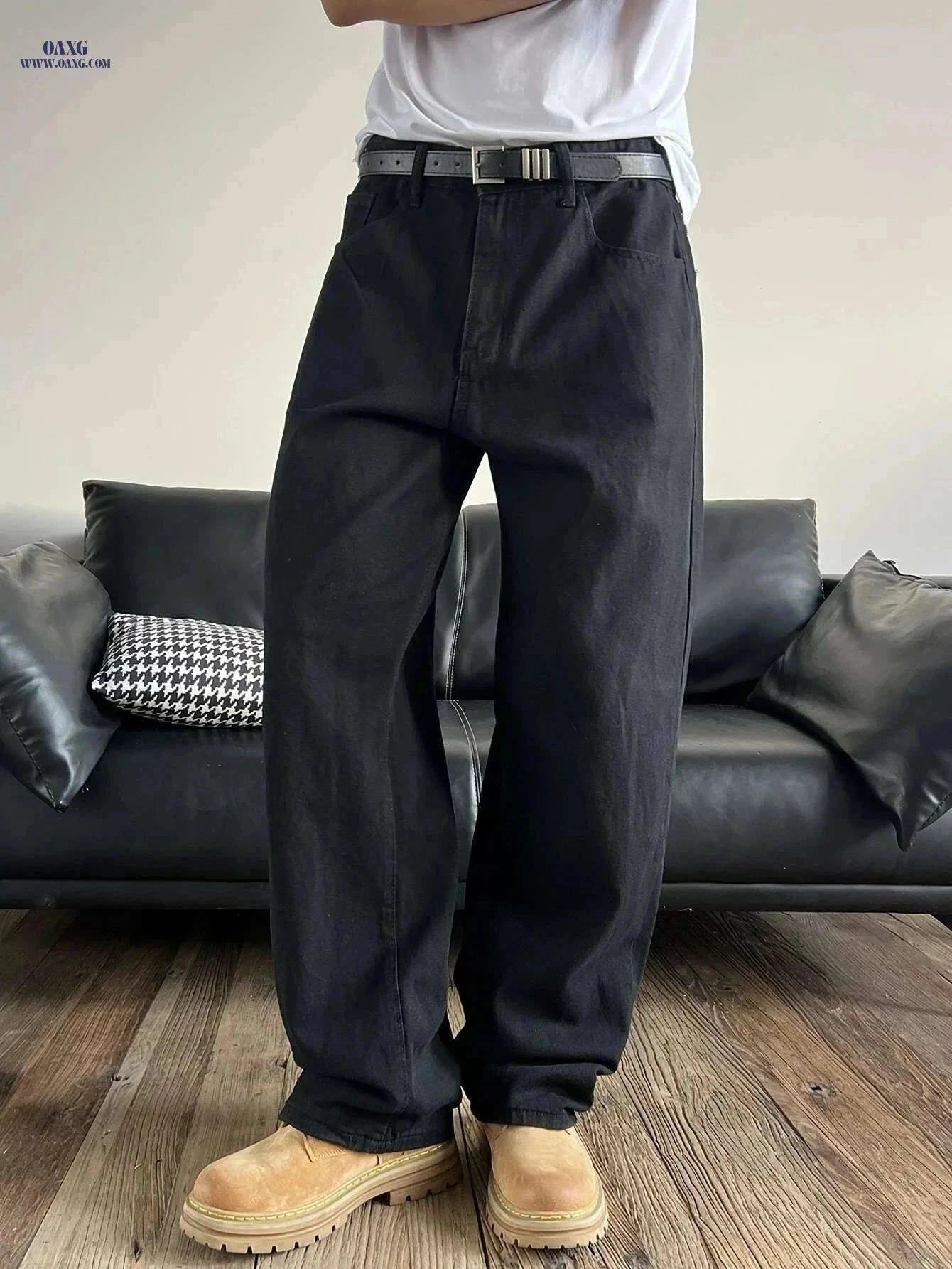 Men's Casual Wide-Leg Faux Denim Pants - Non-Stretch, All-Season Comfort   OAXG Black / XS