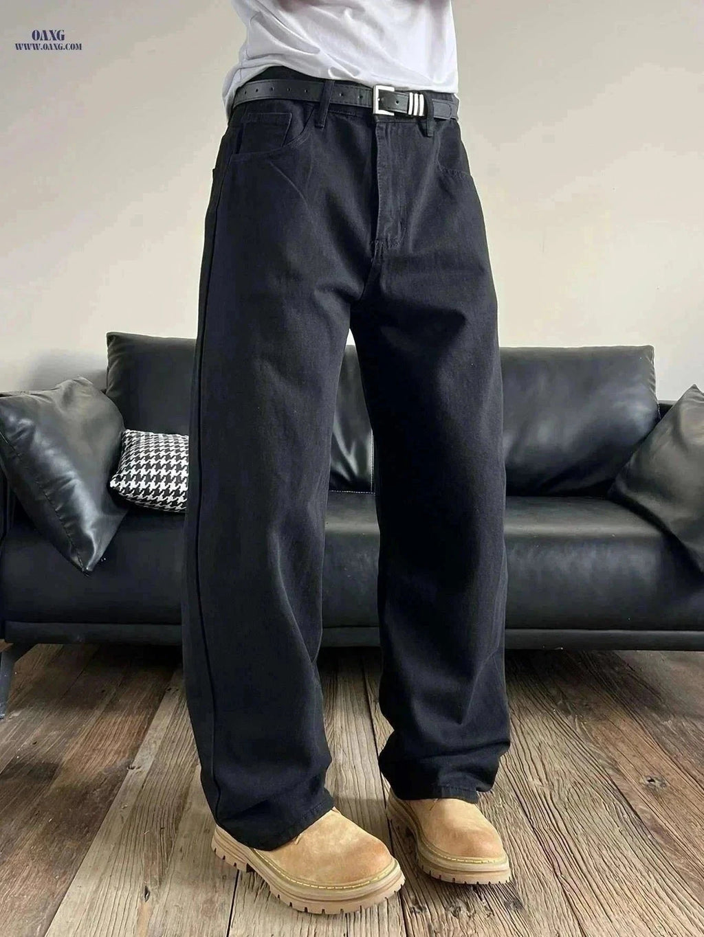 Men's Casual Wide-Leg Faux Denim Pants - Non-Stretch, All-Season Comfort   OAXG Black / XS