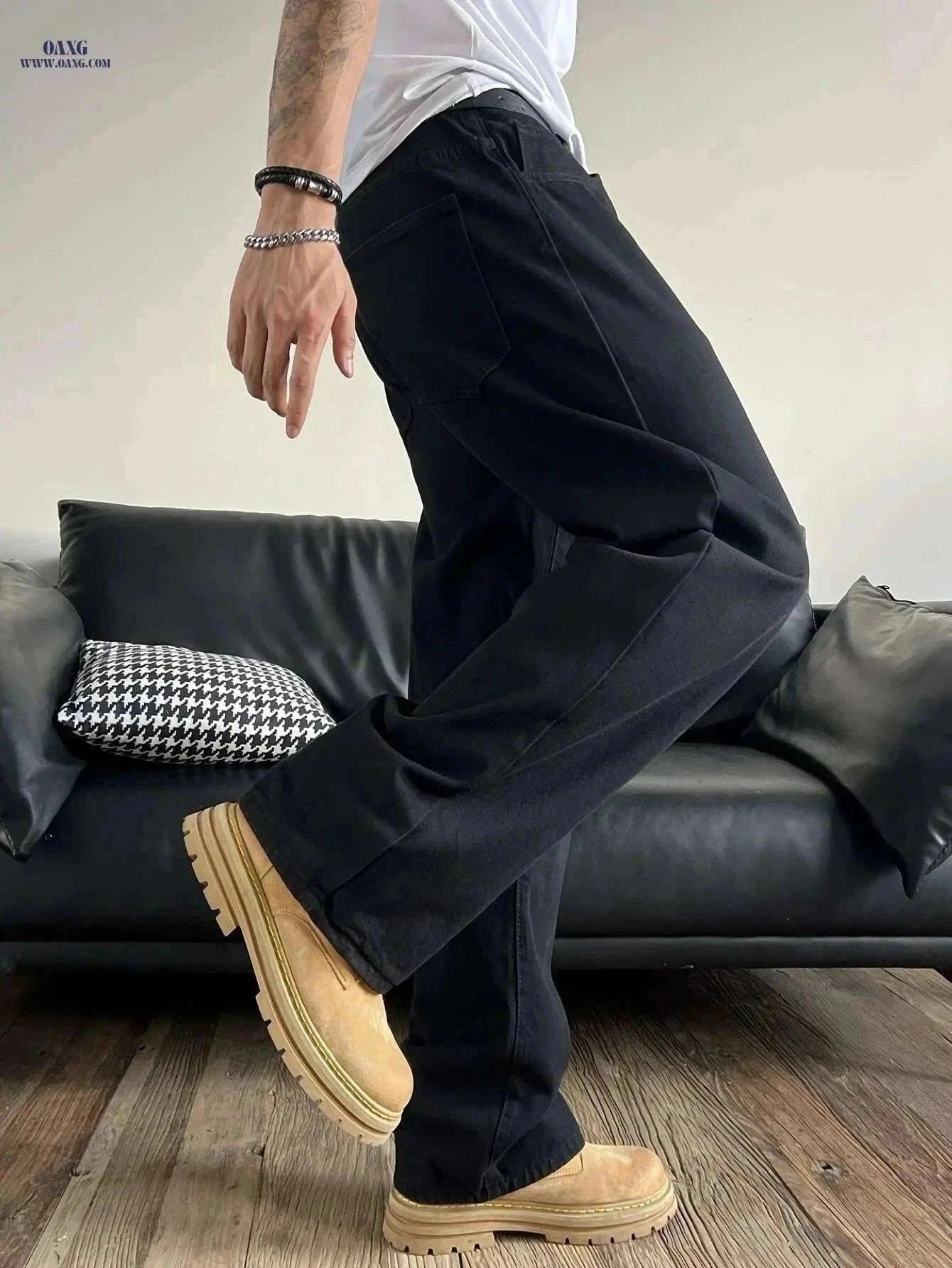 Men's Casual Wide-Leg Faux Denim Pants - Non-Stretch, All-Season Comfort   OAXG Black / XS