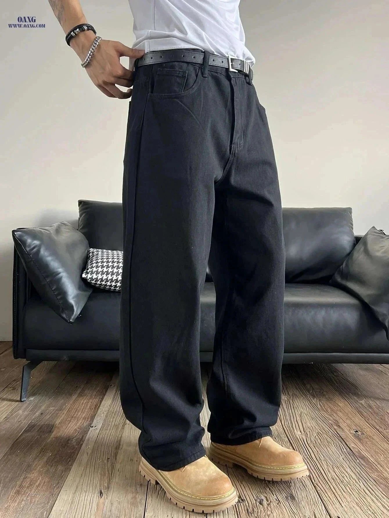Men's Casual Wide-Leg Faux Denim Pants - Non-Stretch, All-Season Comfort   OAXG Black / XS