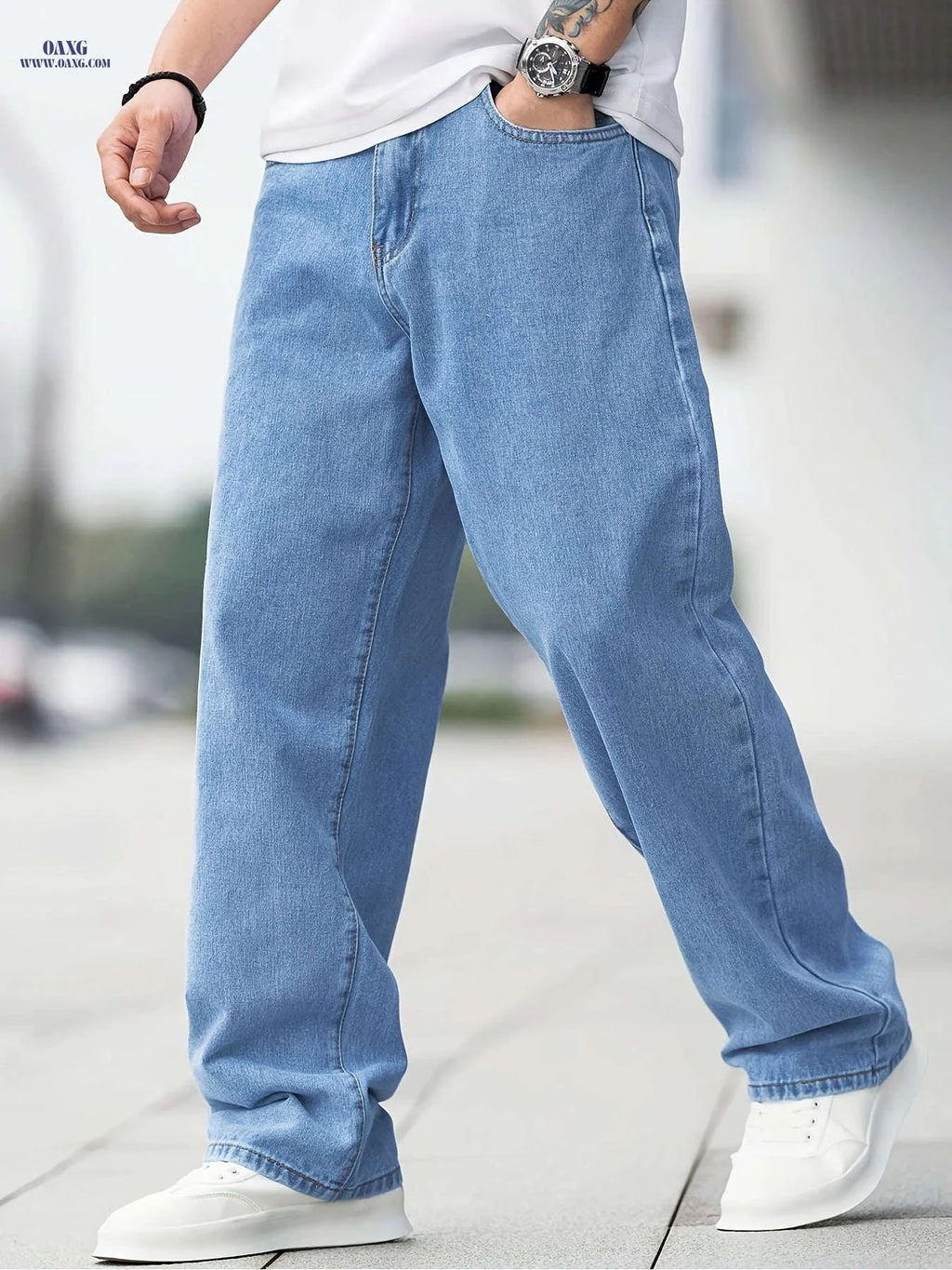 Men's Casual Wide-Leg Jeans - Light Wash, Medium Stretch, Regular Fit   OAXG 