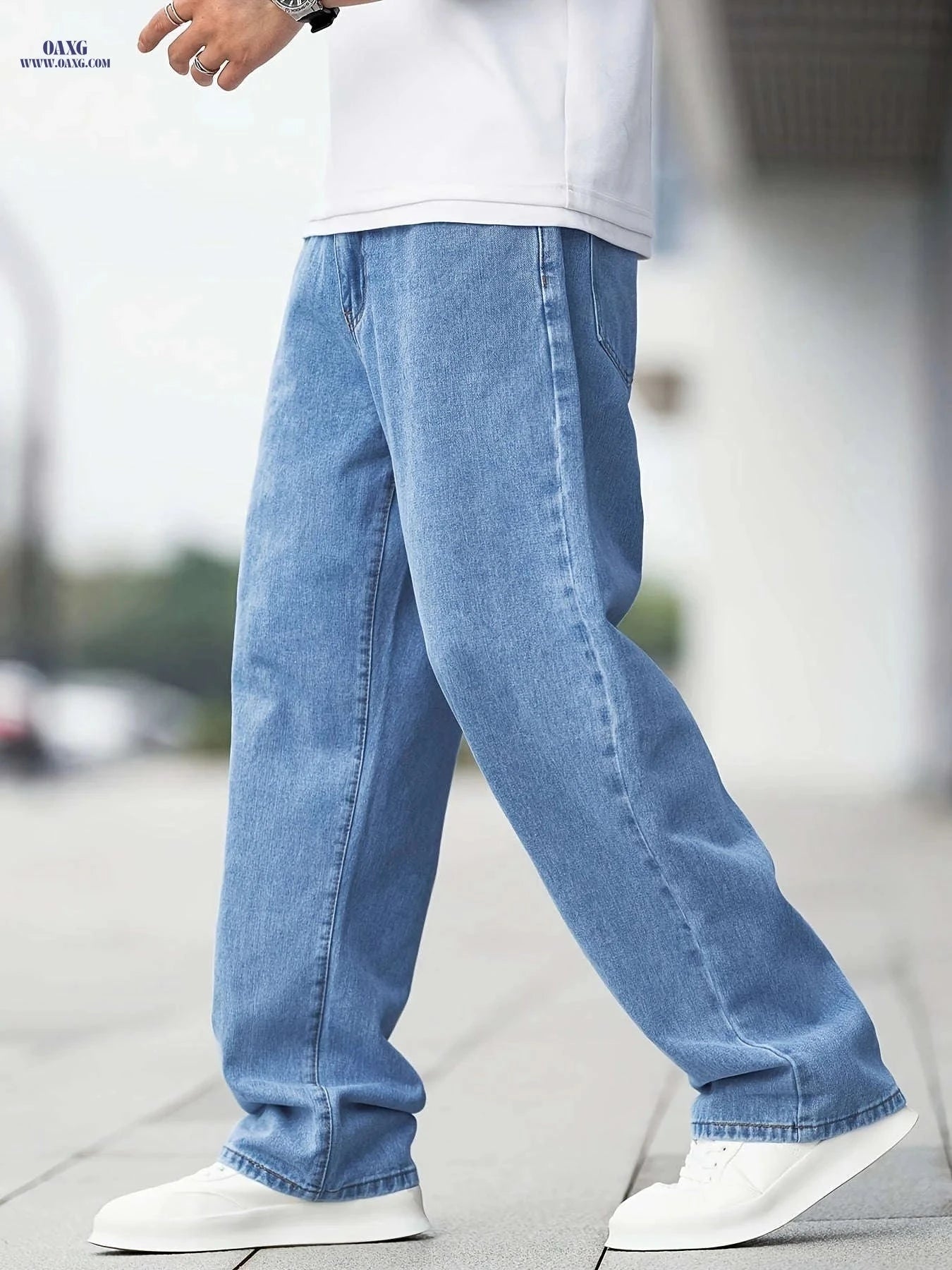 Men's Casual Wide-Leg Jeans - Light Wash, Medium Stretch, Regular Fit   OAXG Light Blue / FR S
