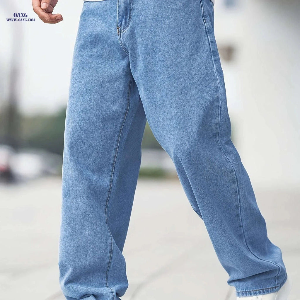 Men's Casual Wide-Leg Jeans - Light Wash, Medium Stretch, Regular Fit   OAXG Light Blue / FR S