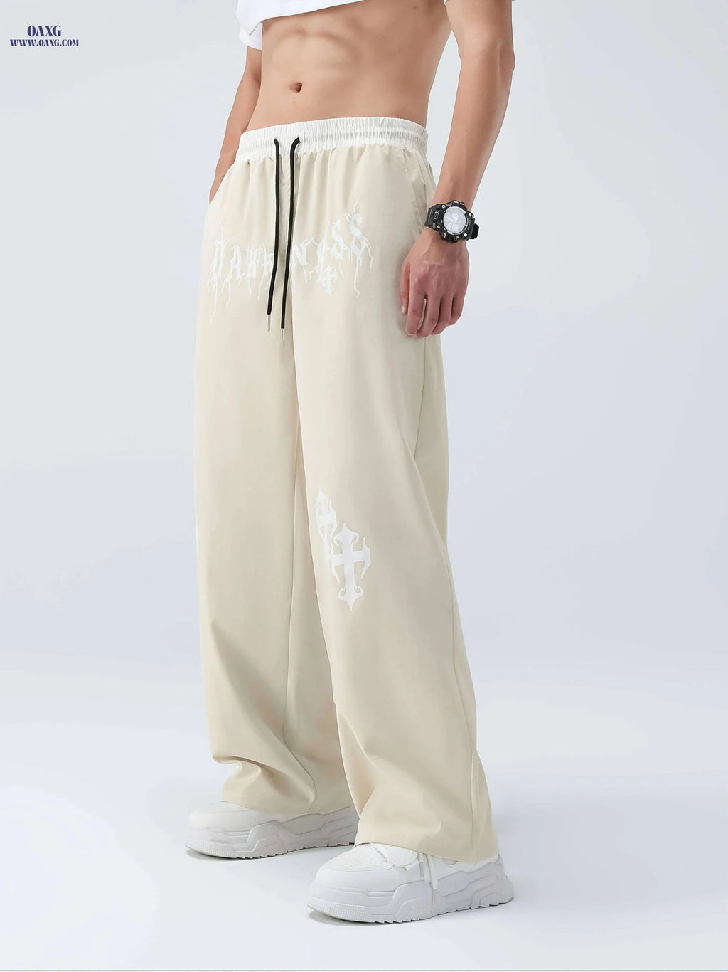 Men's Casual Wide Leg Pants - Elastic Waist, Asymmetrical Hem, Beige   OAXG 