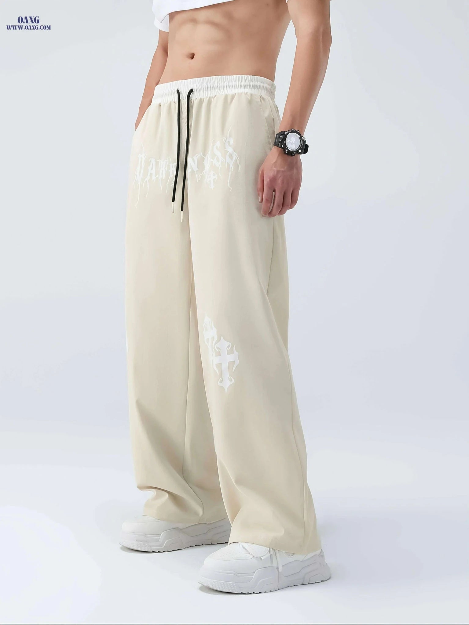 Men's Casual Wide Leg Pants - Elastic Waist, Asymmetrical Hem, Beige   OAXG 