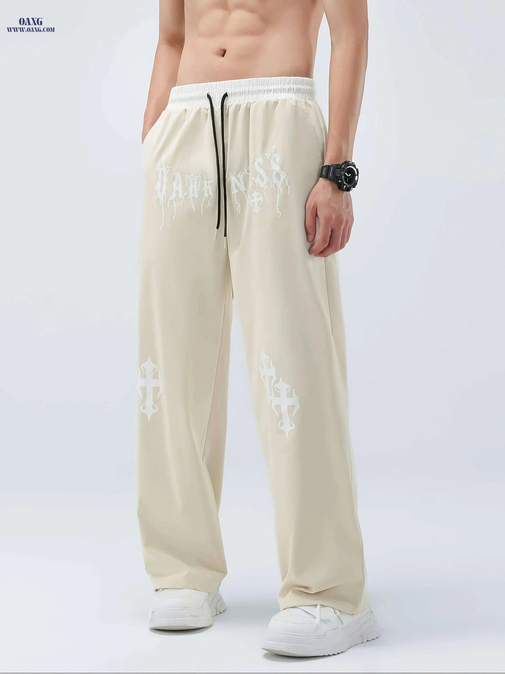 Men's Casual Wide Leg Pants - Elastic Waist, Asymmetrical Hem, Beige   OAXG 