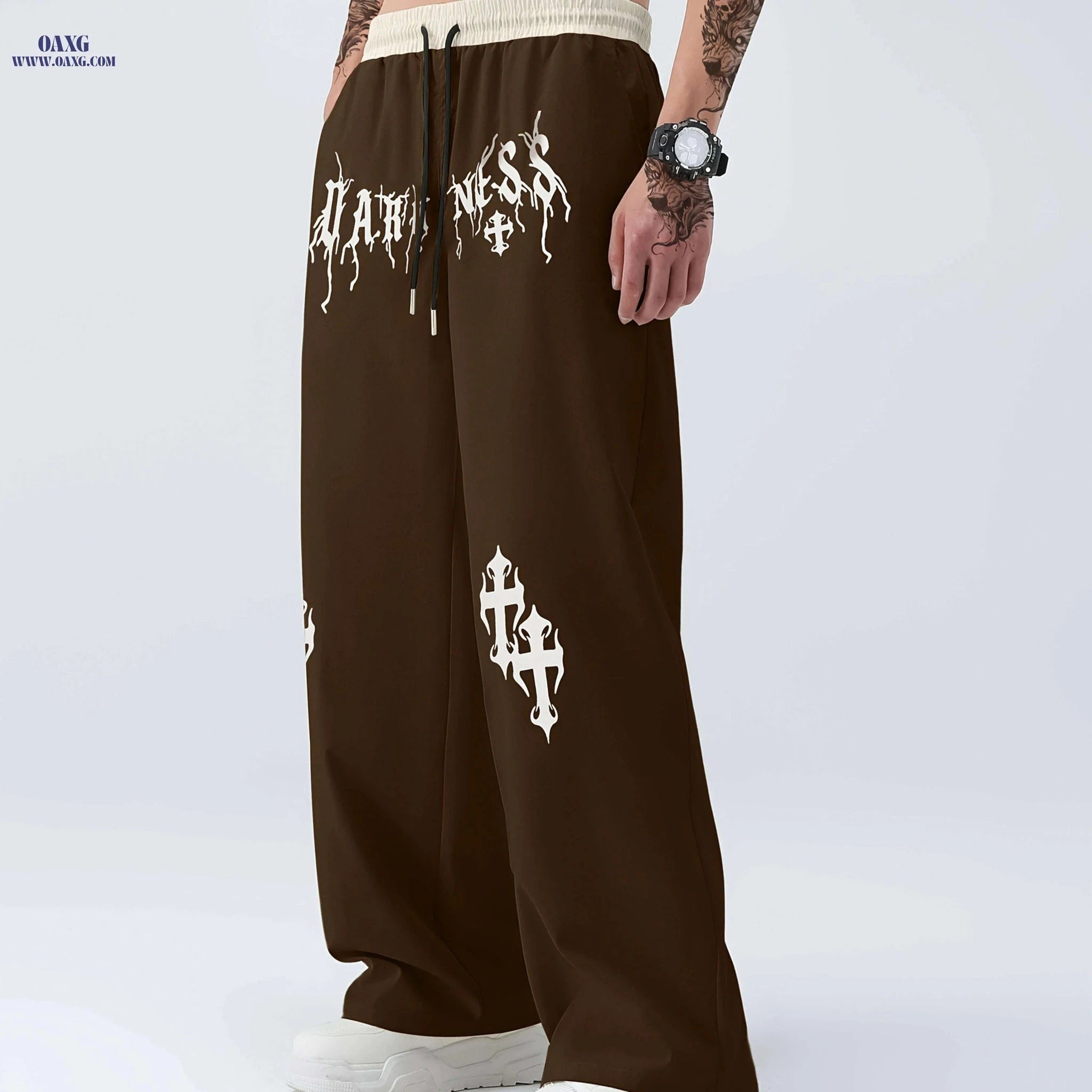 Men's Casual Wide Leg Pants - Elastic Waist, Asymmetrical Hem, Beige   OAXG Space Black / S
