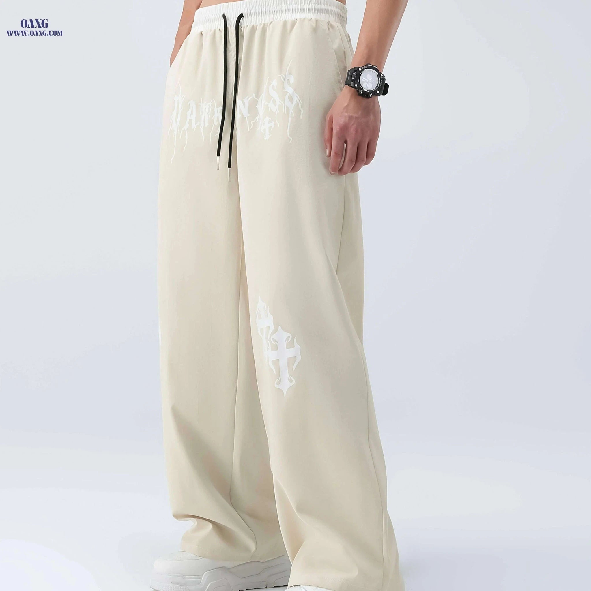 Men's Casual Wide Leg Pants - Elastic Waist, Asymmetrical Hem, Beige   OAXG Space Black / S