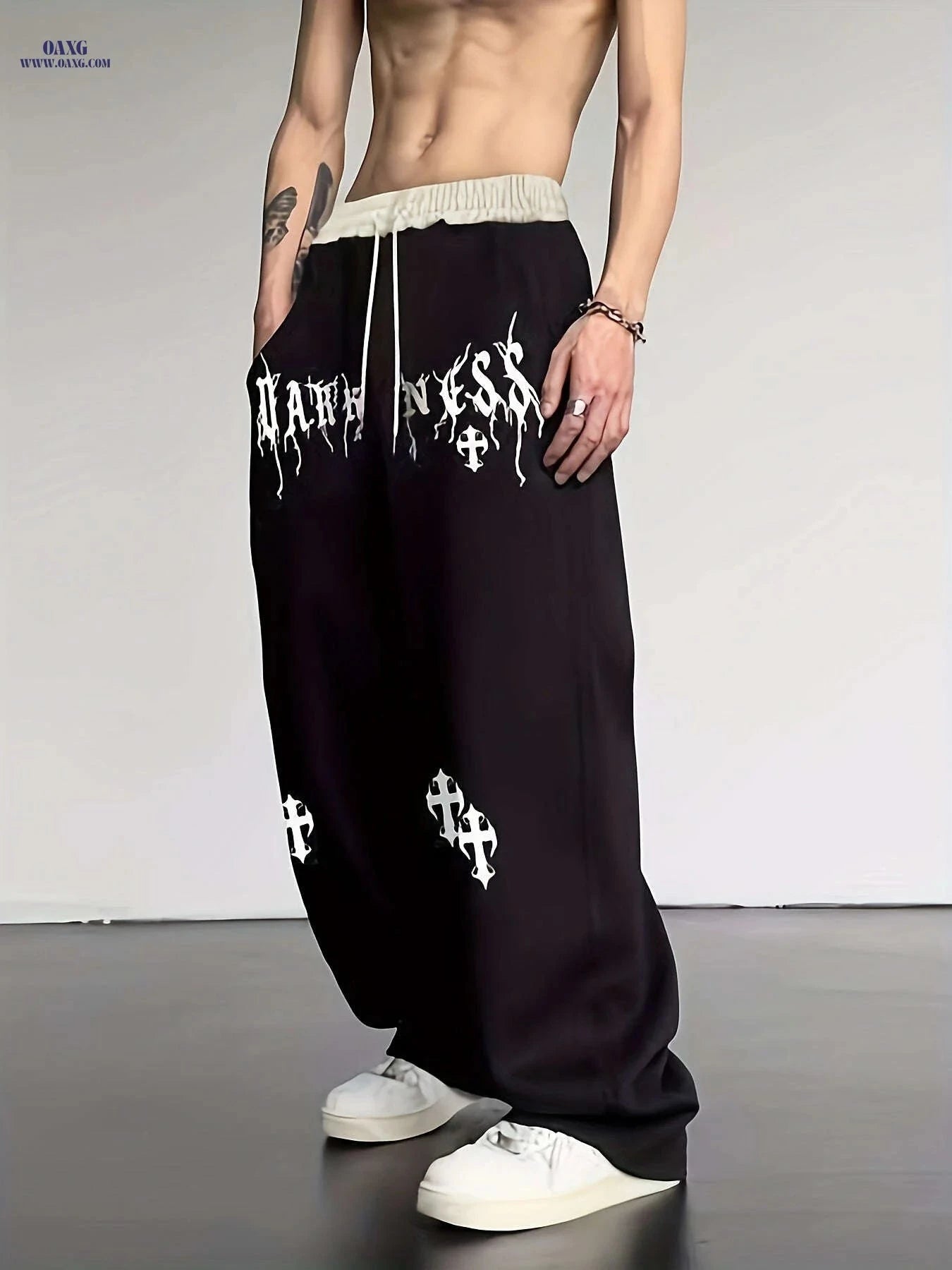 Men's Casual Wide Leg Pants - Elastic Waist, Asymmetrical Hem   OAXG 