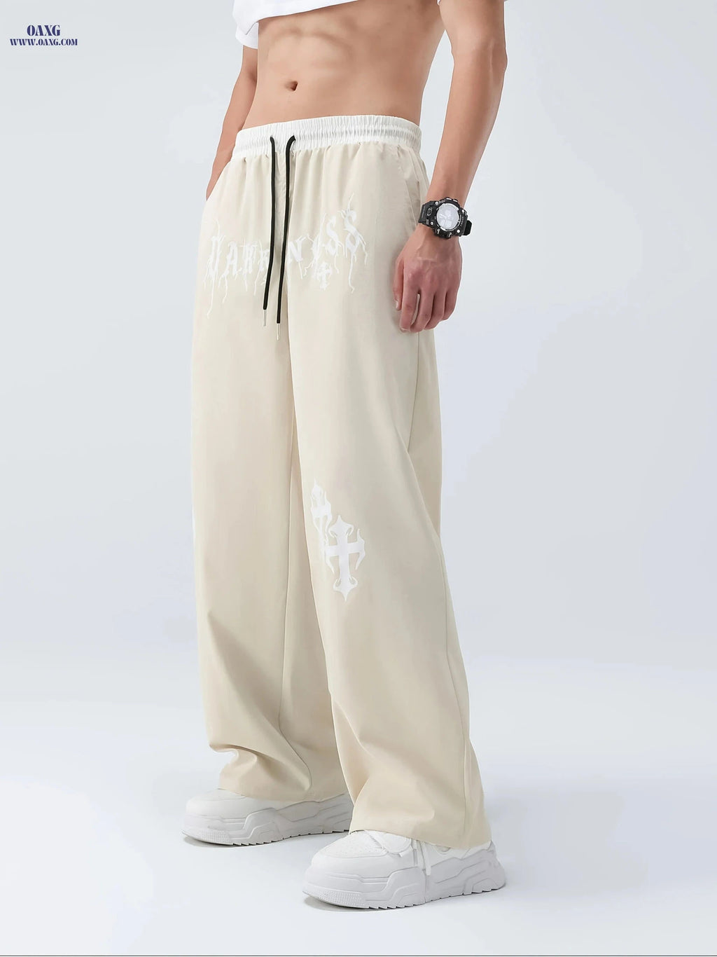 Men's Casual Wide Leg Pants - Elastic Waist, Asymmetrical Hem   OAXG 