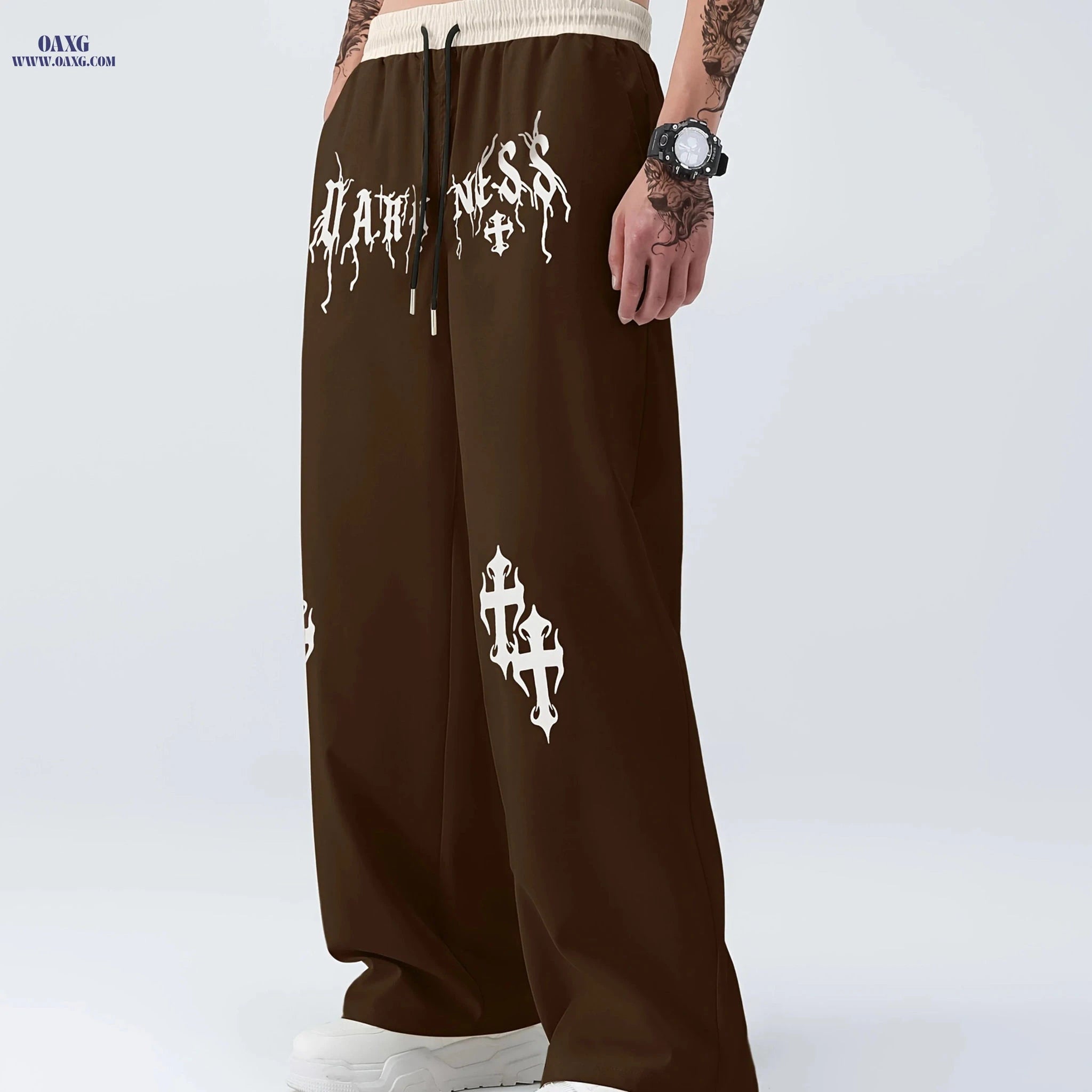 Men's Casual Wide Leg Pants - Elastic Waist, Asymmetrical Hem   OAXG 