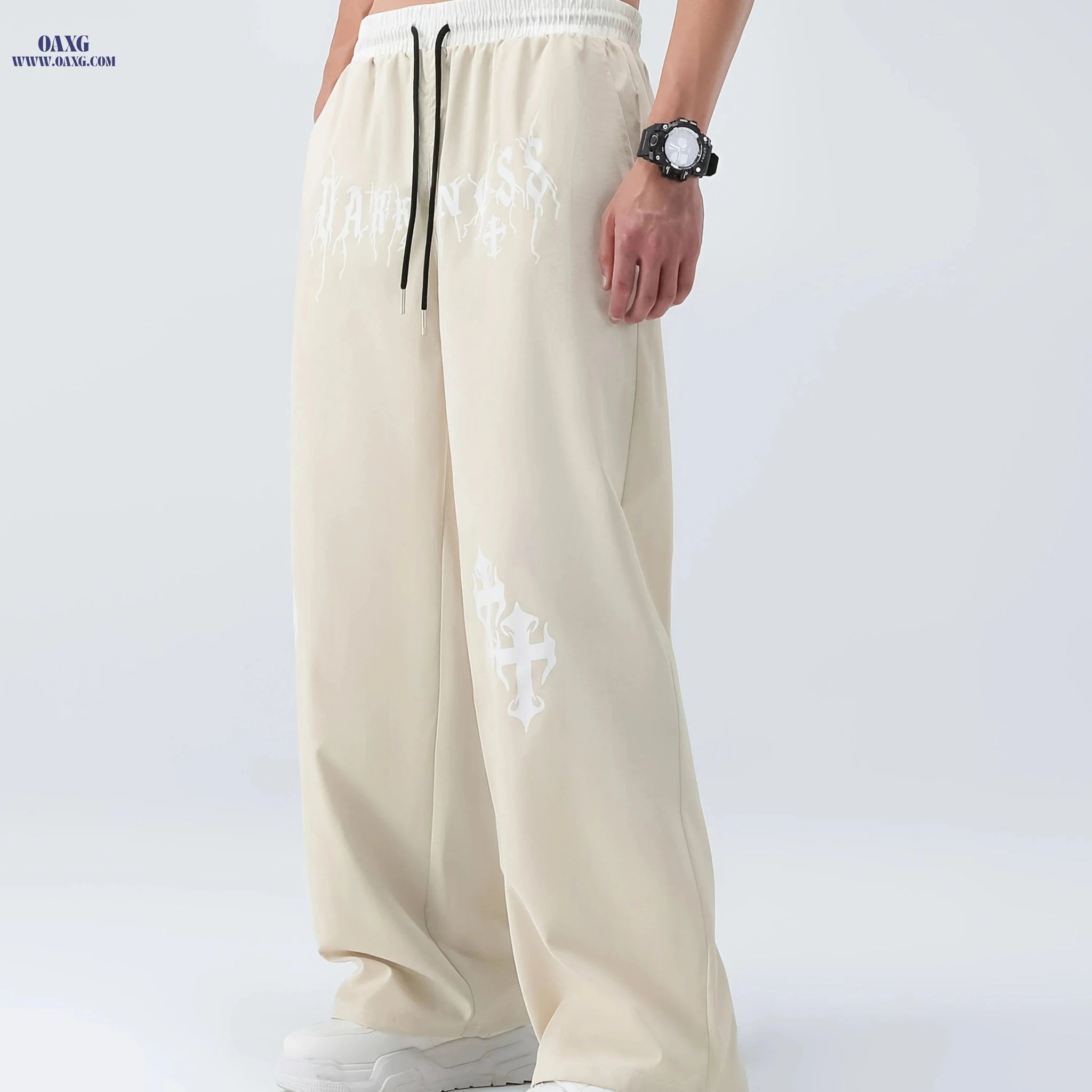 Men's Casual Wide Leg Pants - Elastic Waist, Asymmetrical Hem   OAXG Apricot / FR S