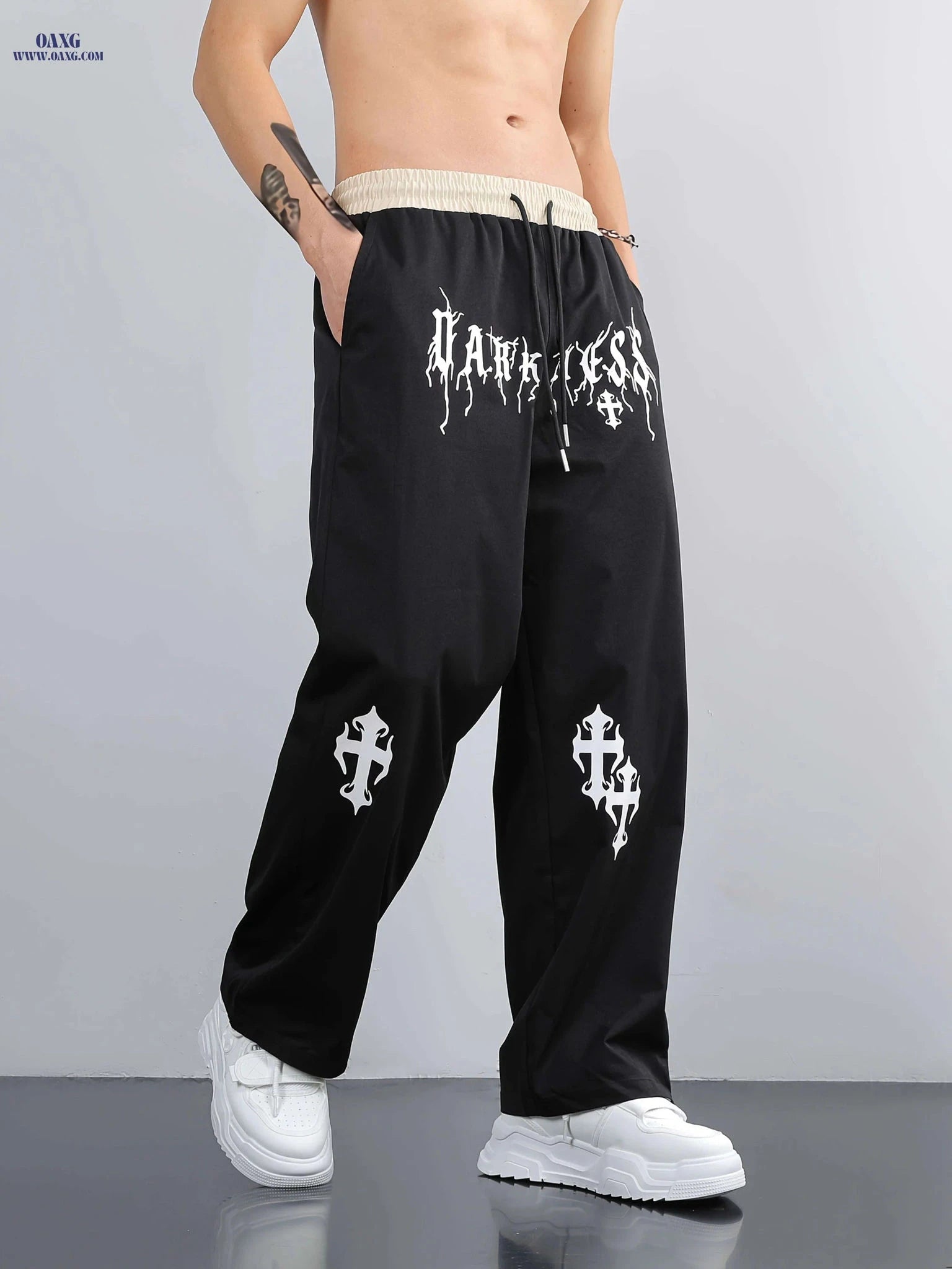 Men's Casual Wide Leg Pants - Elastic Waist, Asymmetrical Hem   OAXG Apricot / FR S