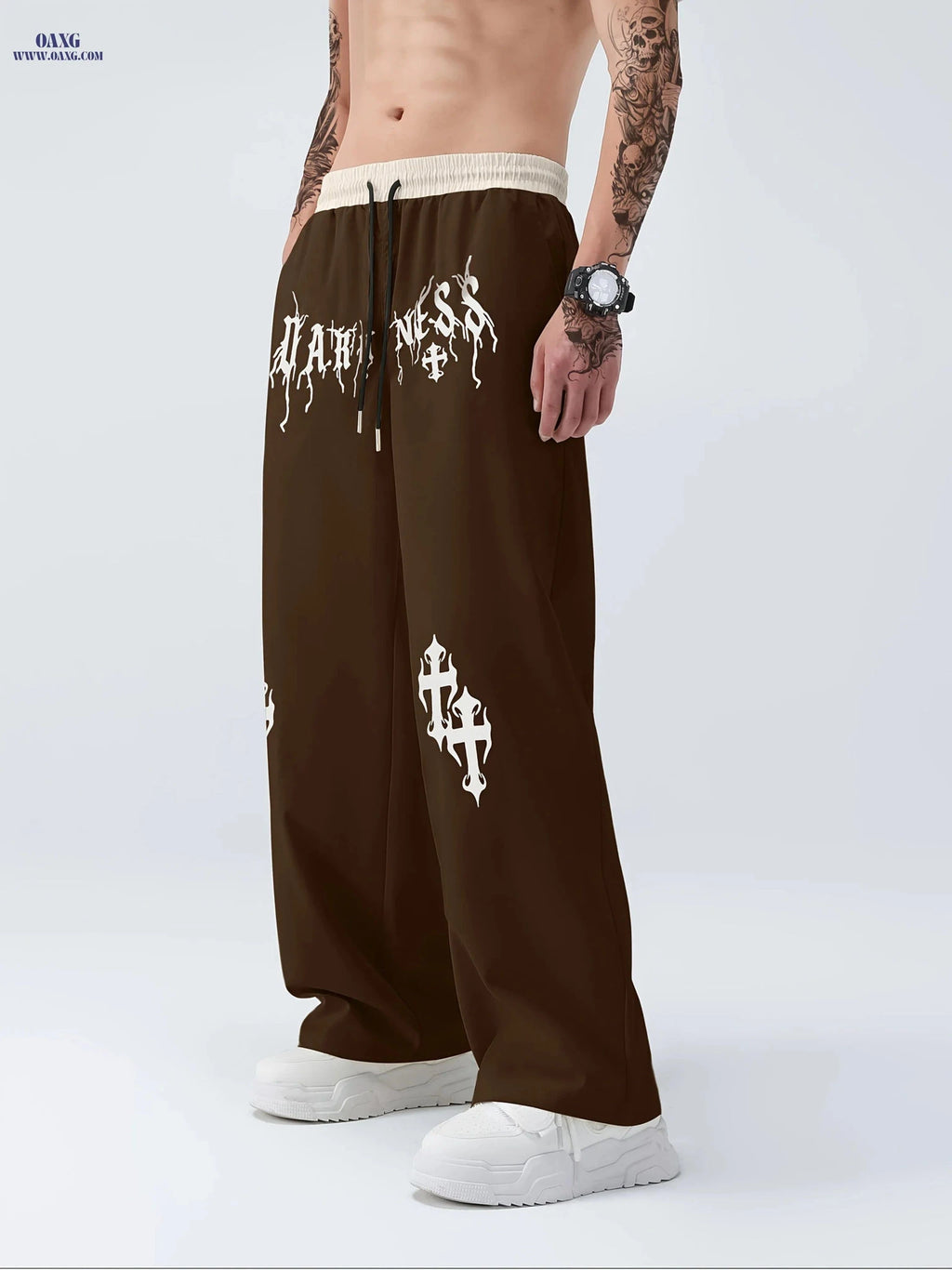 Men's Casual Wide Leg Pants - Elastic Waist, Asymmetrical Hem   OAXG Apricot / FR S