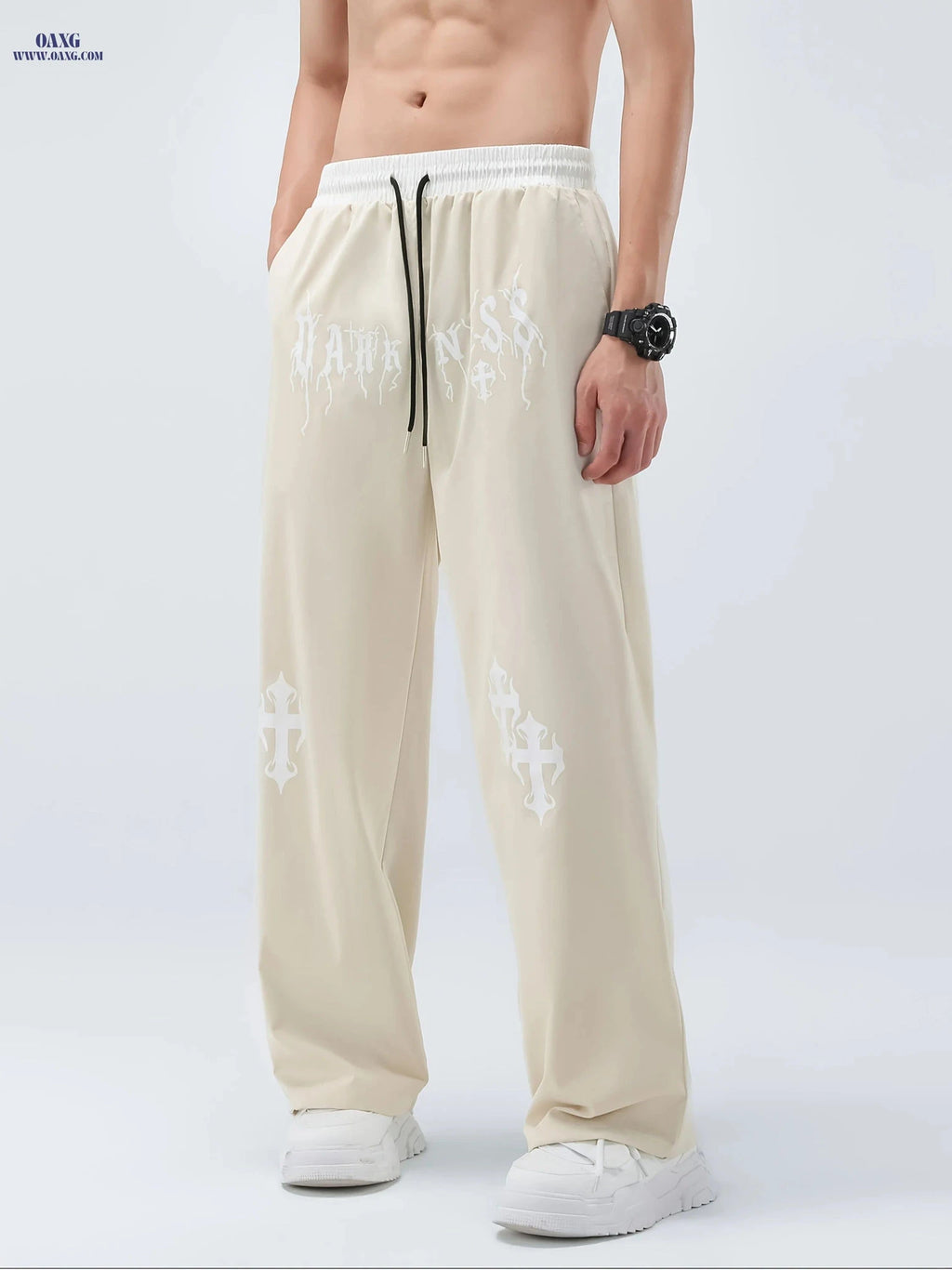 Men's Casual Wide Leg Pants - Elastic Waist, Asymmetrical Hem   OAXG Apricot / FR S