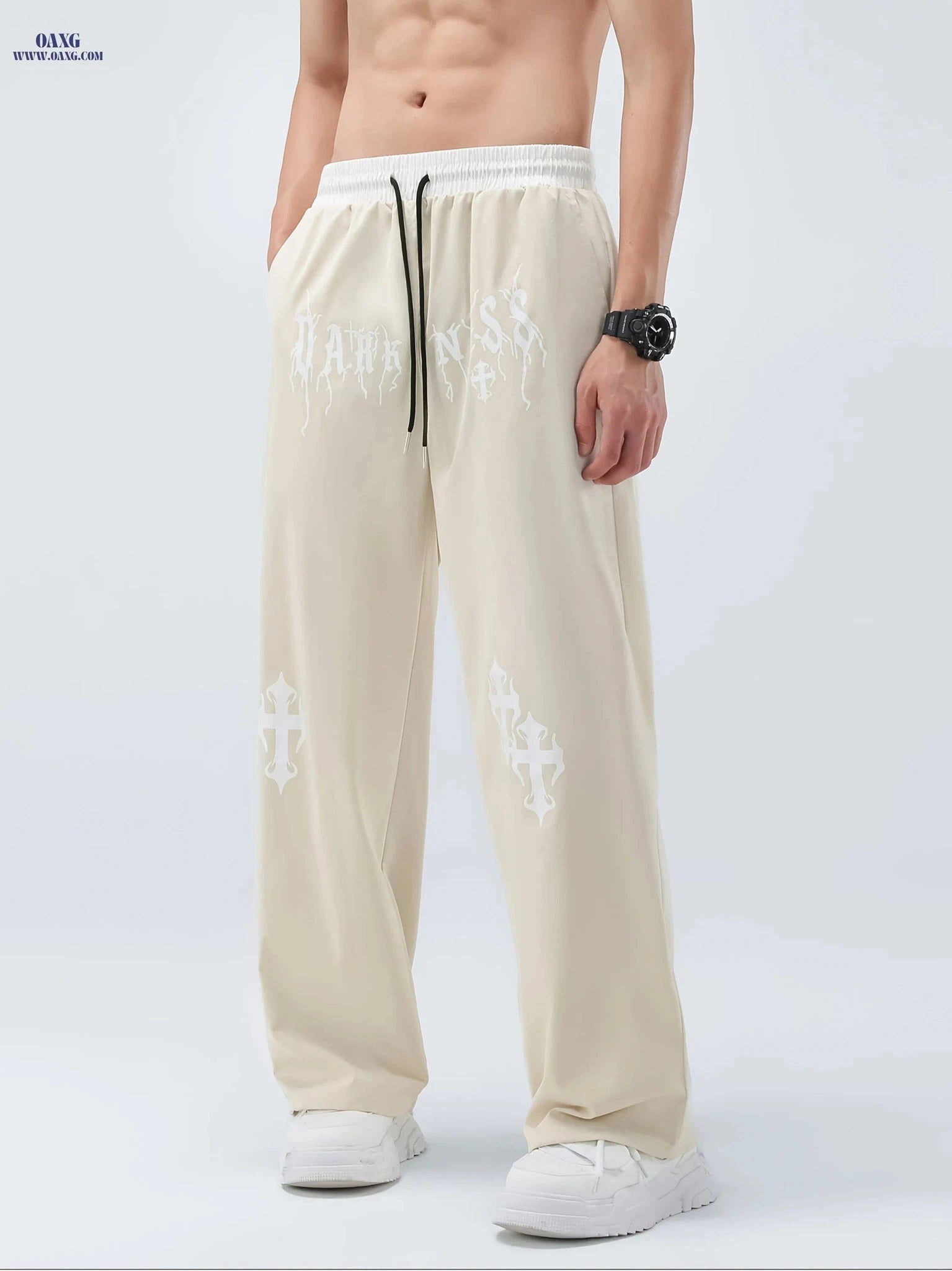 Men's Casual Wide Leg Pants - Elastic Waist, Asymmetrical Hem   OAXG Apricot / FR S
