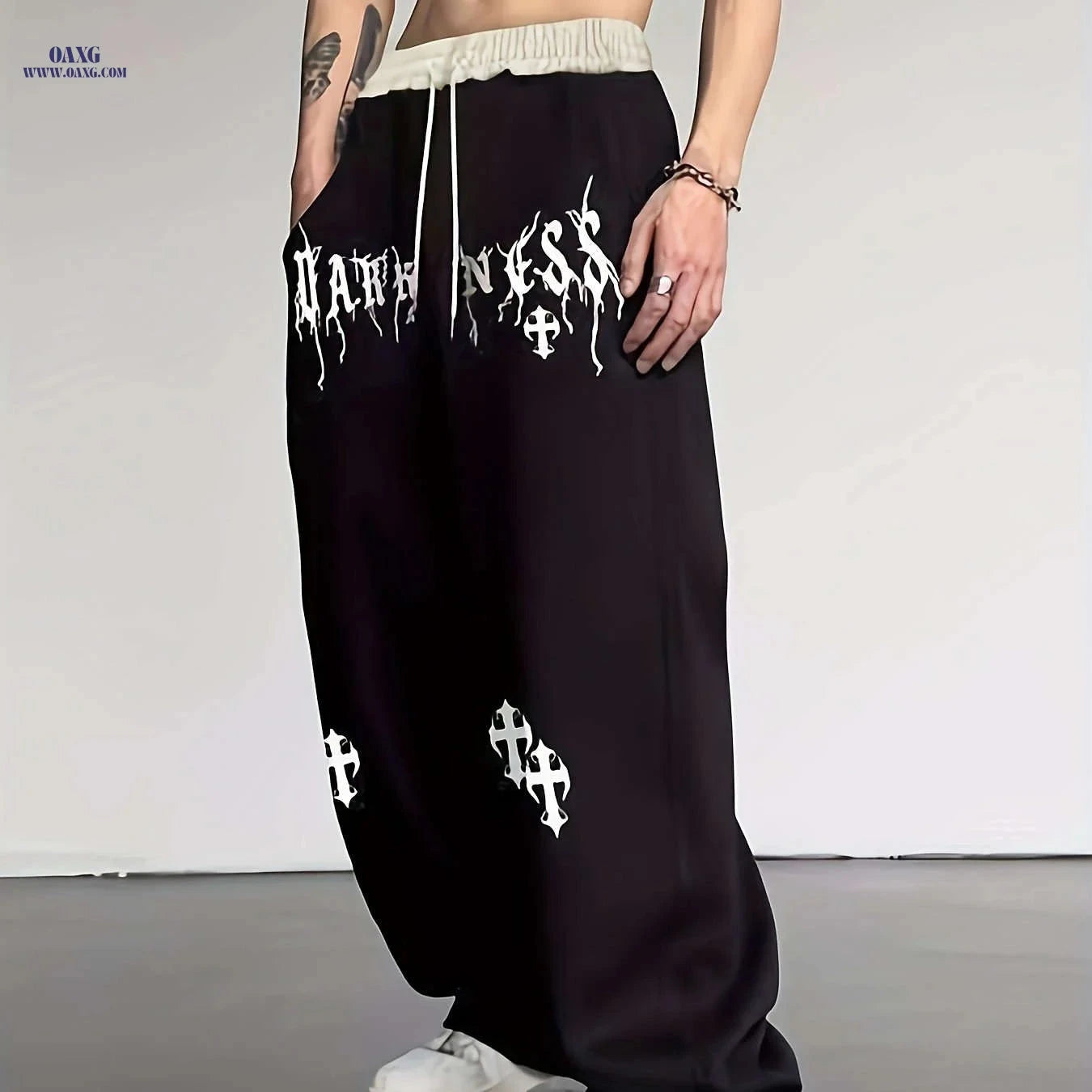 Men's Casual Wide Leg Pants - Elastic Waist, Asymmetrical Hem   OAXG 