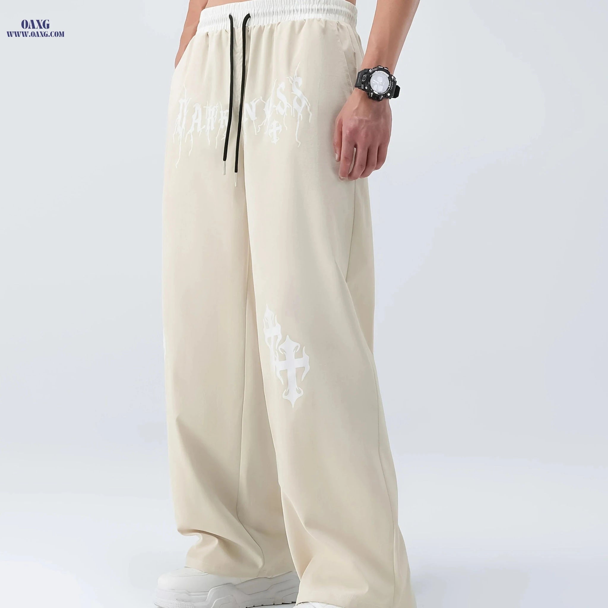 Men's Casual Wide Leg Pants - Elastic Waist, Asymmetrical Hem   OAXG 