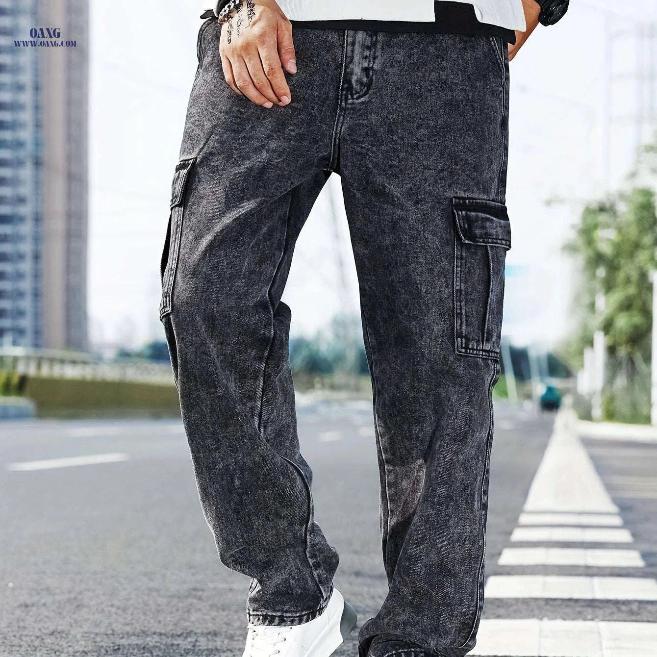 Men's Casual Wide-Leg Work Jeans - Multi-Pocket, Medium Stretch Fit   OAXG 