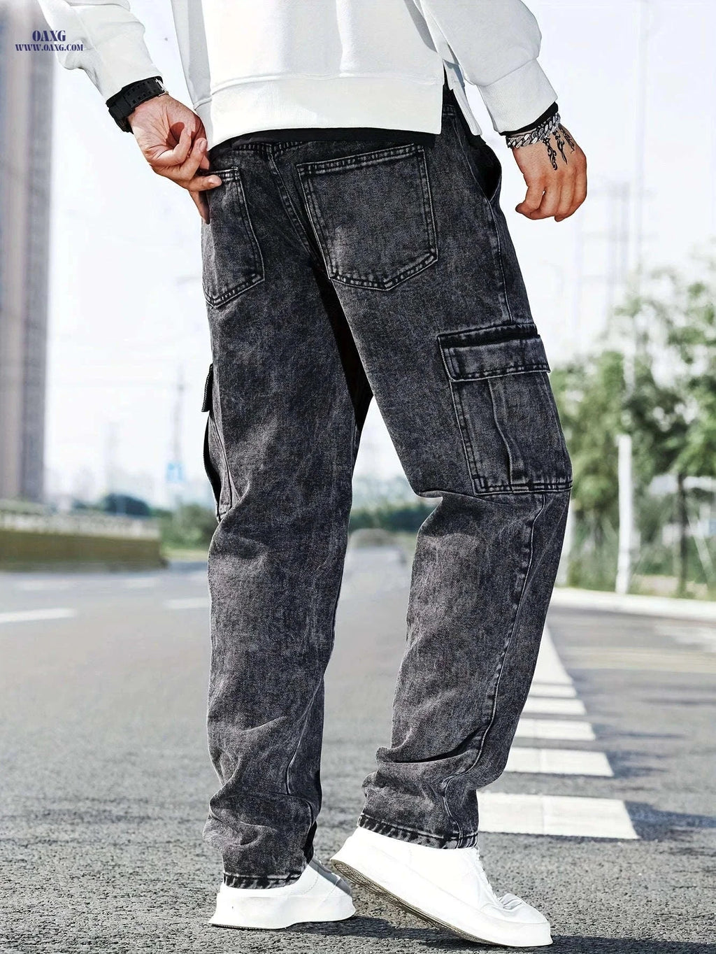 Men's Casual Wide-Leg Work Jeans - Multi-Pocket, Medium Stretch Fit   OAXG 