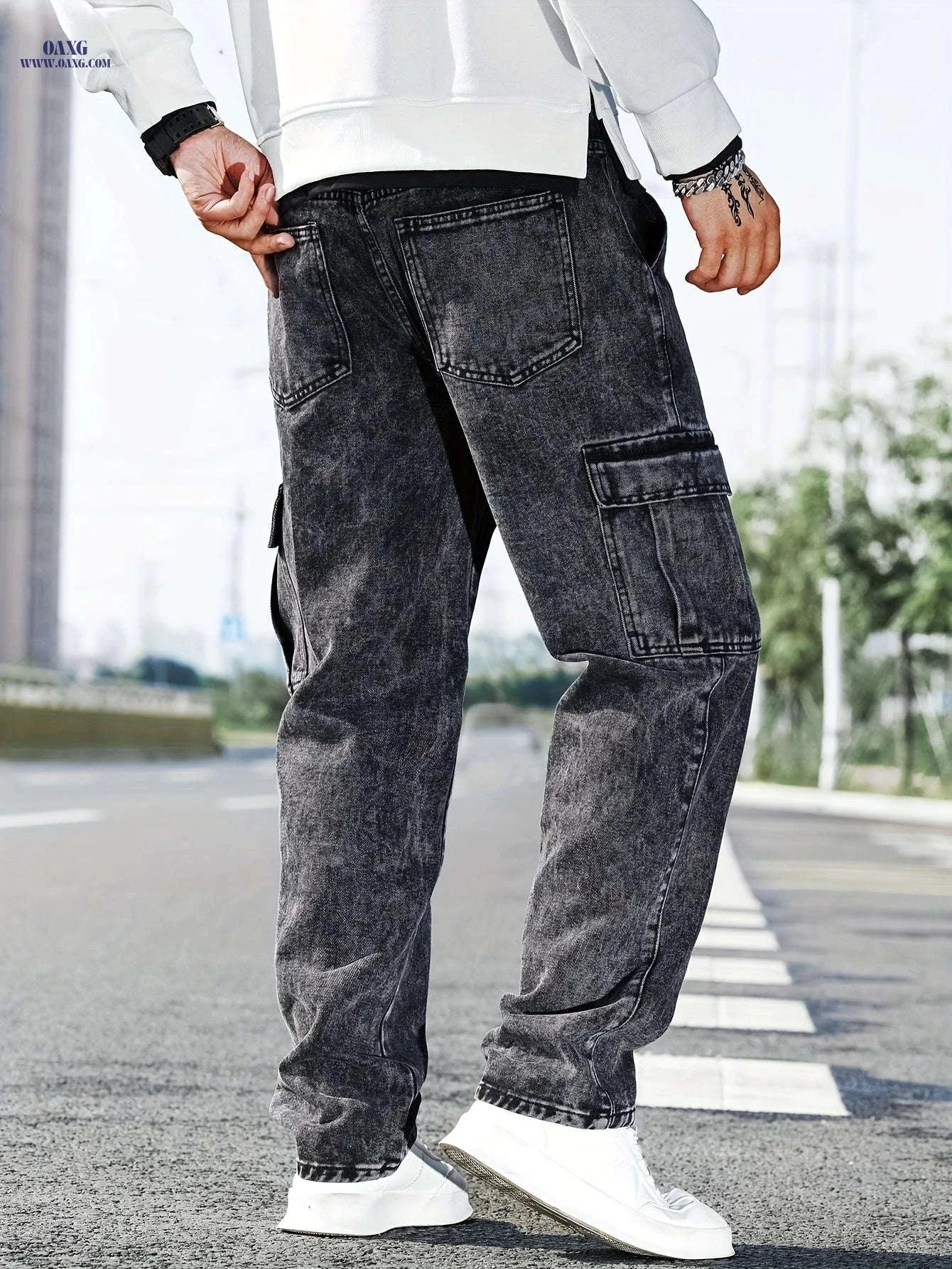 Men's Casual Wide-Leg Work Jeans - Multi-Pocket, Medium Stretch Fit   OAXG 