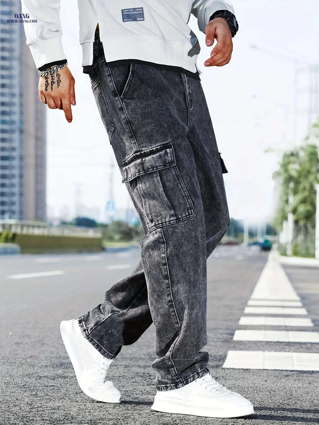 Men's Casual Wide-Leg Work Jeans - Multi-Pocket, Medium Stretch Fit   OAXG 