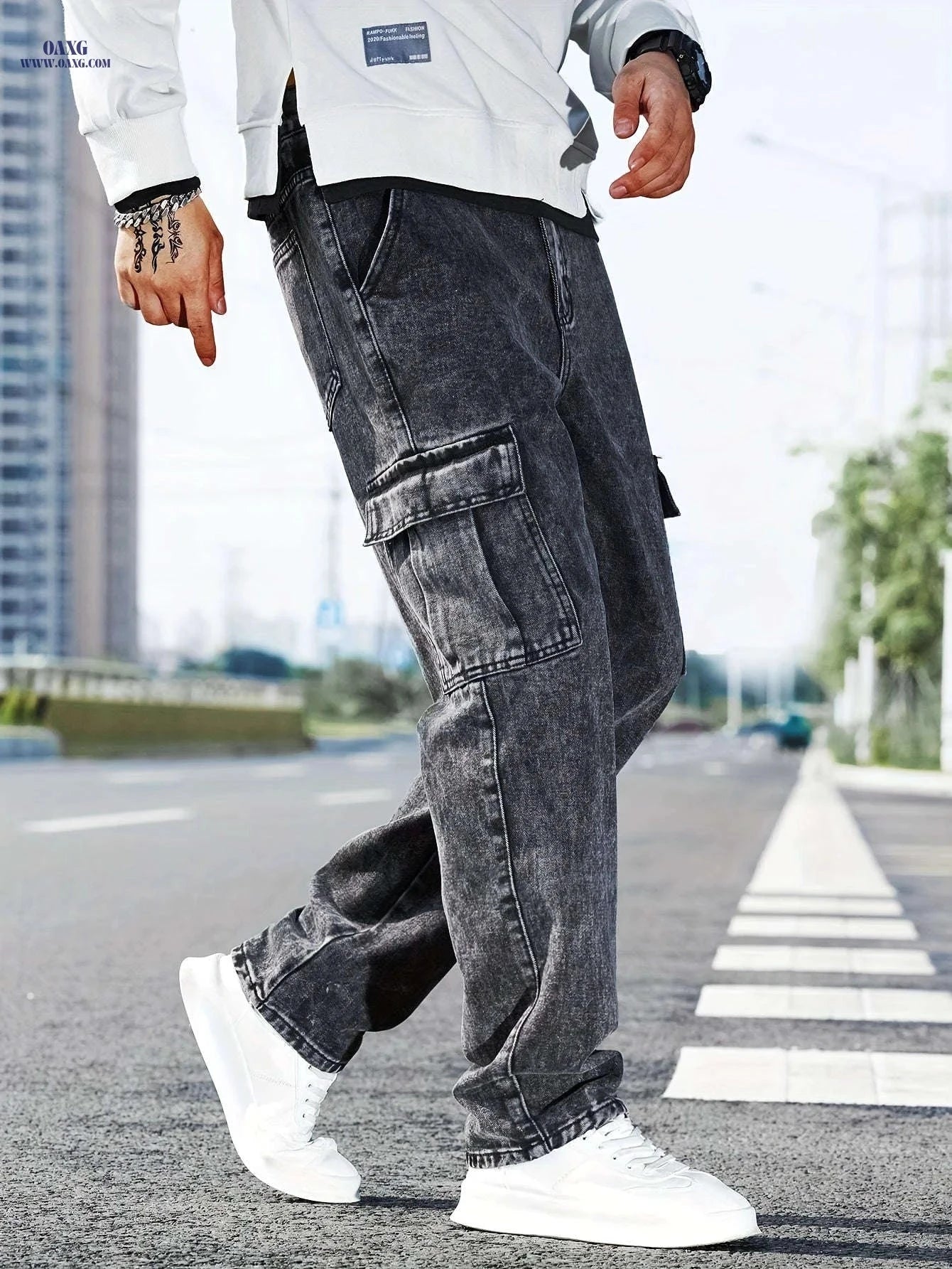 Men's Casual Wide-Leg Work Jeans - Multi-Pocket, Medium Stretch Fit   OAXG 
