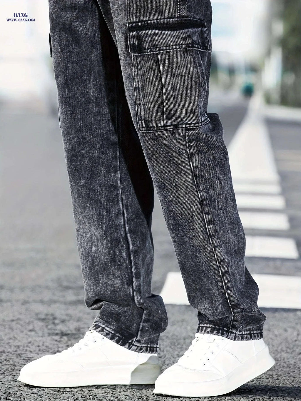 Men's Casual Wide-Leg Work Jeans - Multi-Pocket, Medium Stretch Fit   OAXG Dark Gray / FR S
