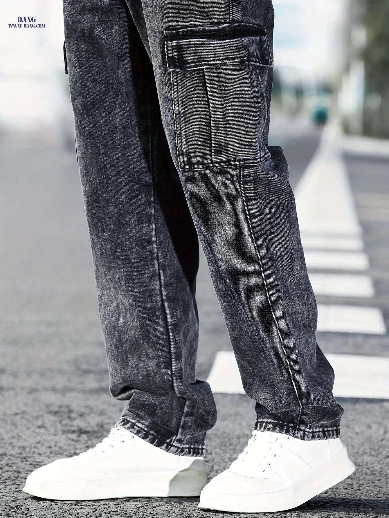 Men's Casual Wide-Leg Work Jeans - Multi-Pocket, Medium Stretch Fit   OAXG Dark Gray / FR S