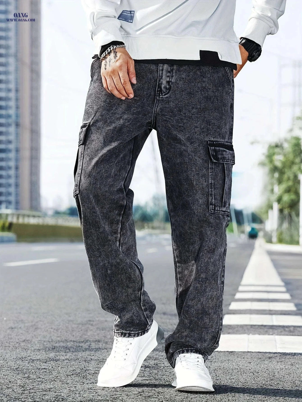 Men's Casual Wide-Leg Work Jeans - Multi-Pocket, Medium Stretch Fit   OAXG Dark Gray / FR S