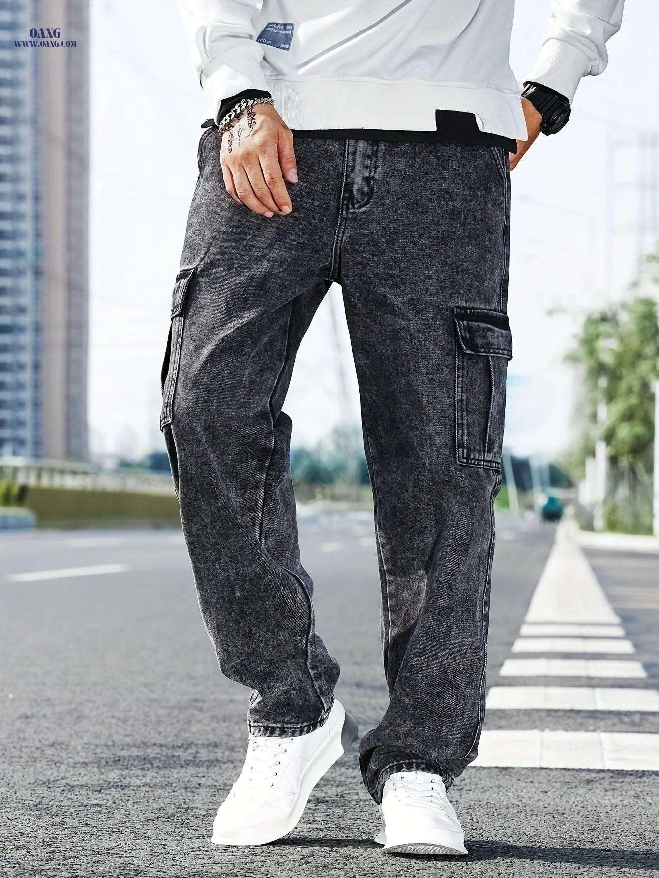 Men's Casual Wide-Leg Work Jeans - Multi-Pocket, Medium Stretch Fit   OAXG Dark Gray / FR S
