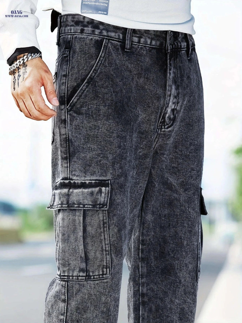Men's Casual Wide-Leg Work Jeans - Multi-Pocket, Medium Stretch Fit   OAXG Dark Gray / FR S
