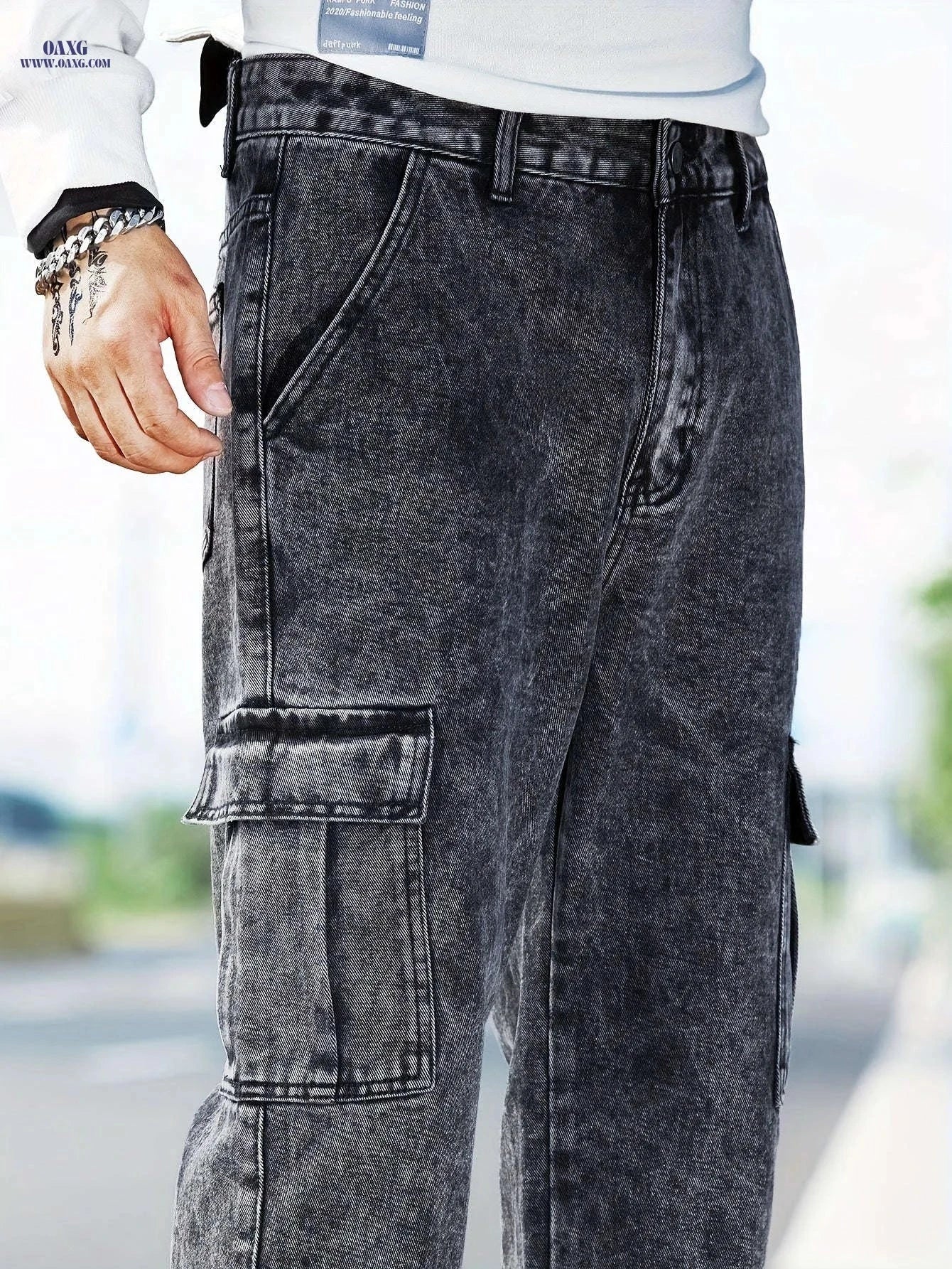 Men's Casual Wide-Leg Work Jeans - Multi-Pocket, Medium Stretch Fit   OAXG Dark Gray / FR S